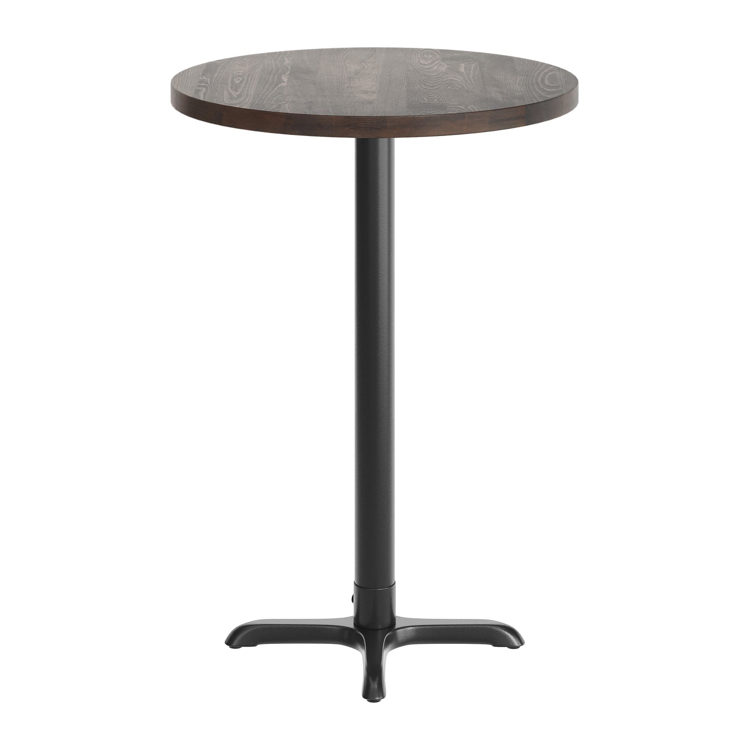 Bennett 30" Round Solid Wood Commercial Indoor Tabletop in Dark Brown with 22" x 22" Bar Height Rust-Resistant Black Cast Iron X-Base Dark Brown Top/Black Base
