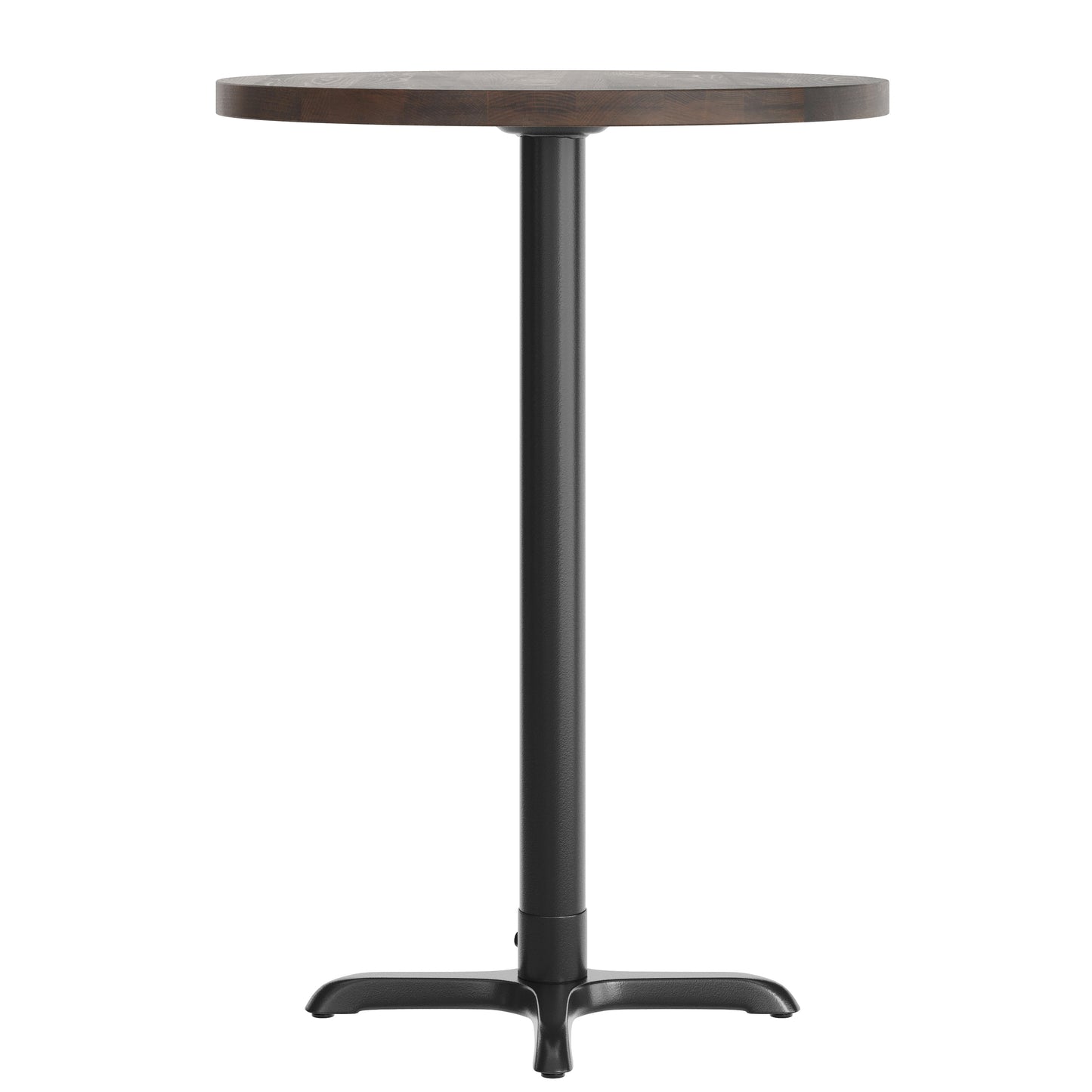 Bennett 30" Round Solid Wood Commercial Indoor Tabletop in Dark Brown with 22" x 22" Bar Height Rust-Resistant Black Cast Iron X-Base Dark Brown Top/Black Base