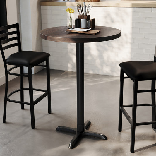 Bennett 30" Round Solid Wood Commercial Indoor Tabletop in Dark Brown with 22" x 22" Bar Height Rust-Resistant Black Cast Iron X-Base Dark Brown Top/Black Base GSF-RD30-DKBRN-T2222B-GG
