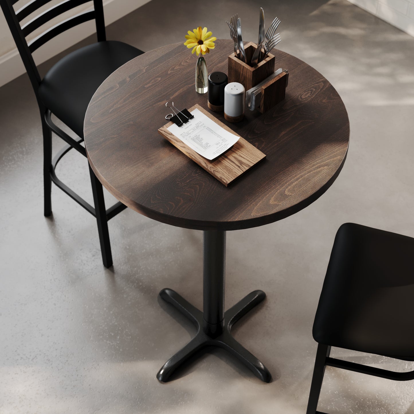 Bennett 30" Round Solid Wood Commercial Indoor Tabletop in Dark Brown with 22" x 22" Bar Height Rust-Resistant Black Cast Iron X-Base Dark Brown Top/Black Base