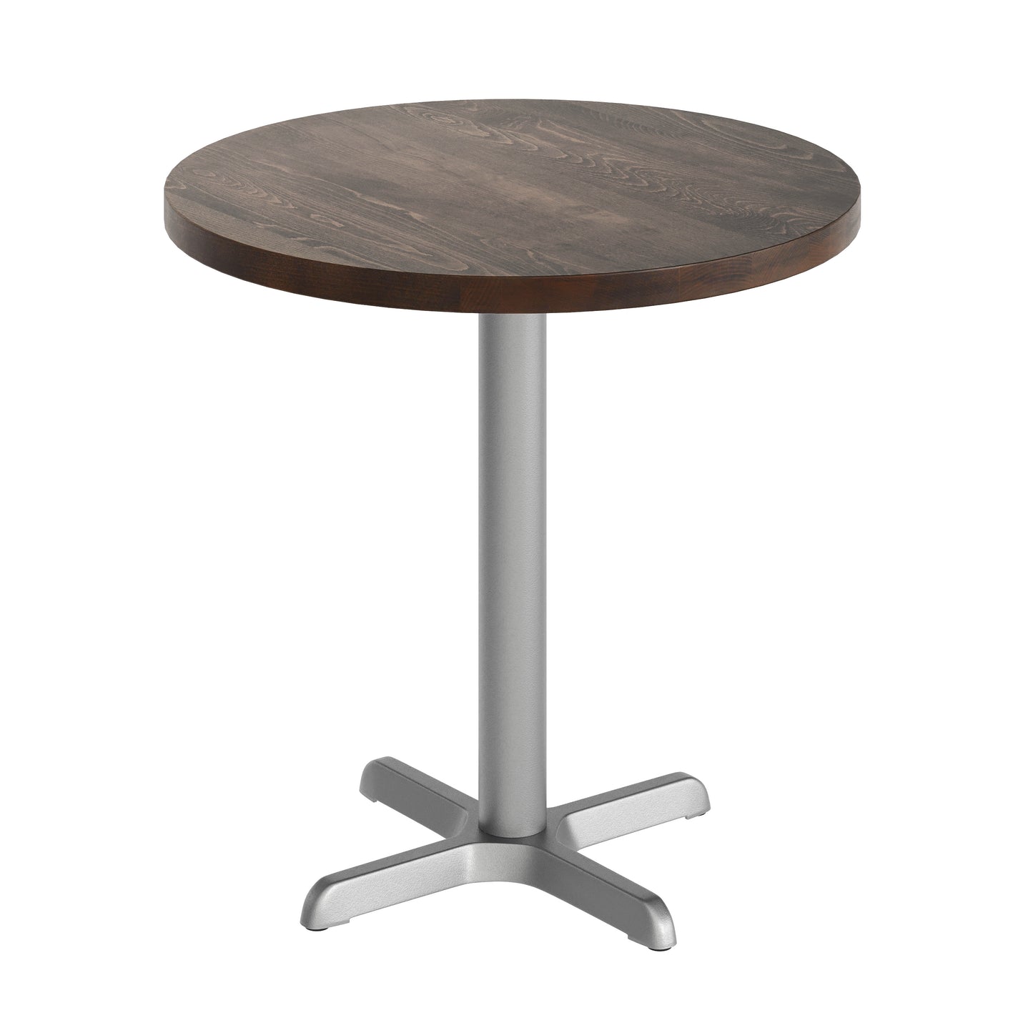 Bennett 30" Round Solid Wood Commercial Indoor Tabletop in Dark Brown with 22" x 22" Table Height Rust-Resistant Silver Cast Iron X-Base Dark Brown Top/Silver Base