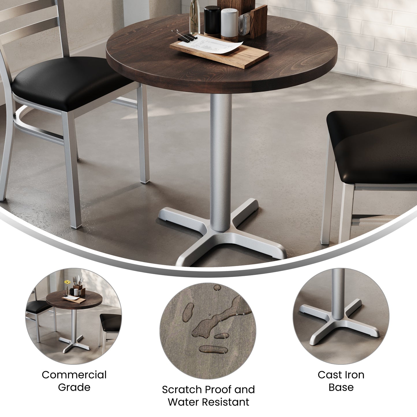 Bennett 30" Round Solid Wood Commercial Indoor Tabletop in Dark Brown with 22" x 22" Table Height Rust-Resistant Silver Cast Iron X-Base Dark Brown Top/Silver Base
