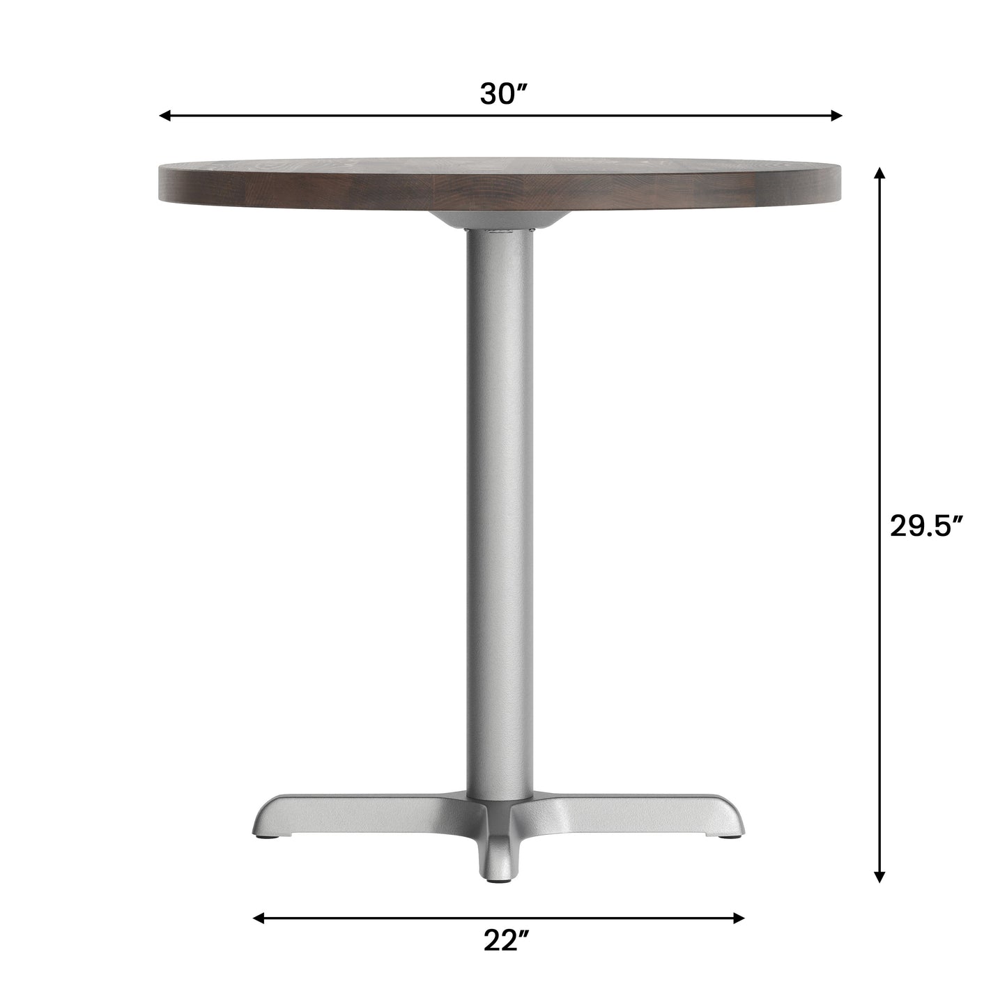 Bennett 30" Round Solid Wood Commercial Indoor Tabletop in Dark Brown with 22" x 22" Table Height Rust-Resistant Silver Cast Iron X-Base Dark Brown Top/Silver Base