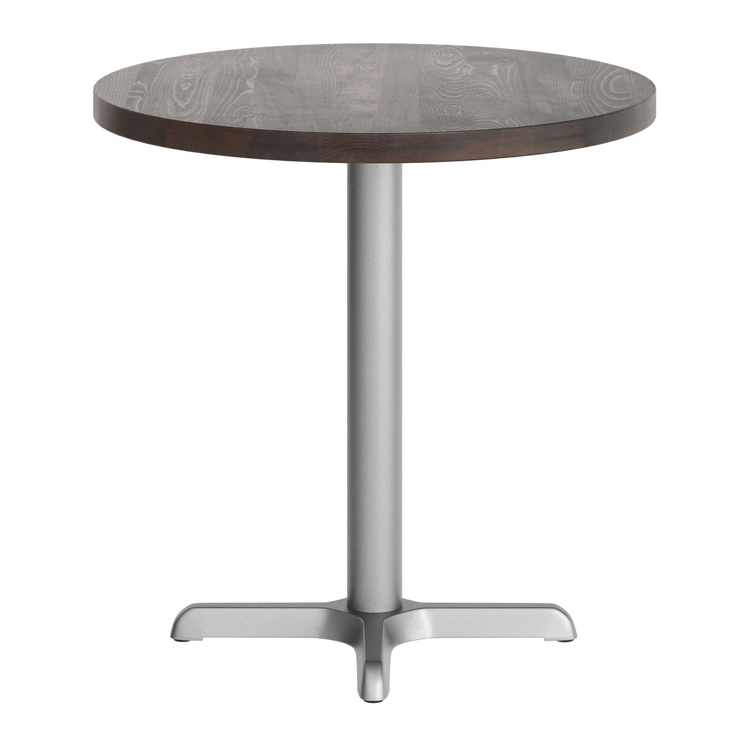 Bennett 30" Round Solid Wood Commercial Indoor Tabletop in Dark Brown with 22" x 22" Table Height Rust-Resistant Silver Cast Iron X-Base Dark Brown Top/Silver Base