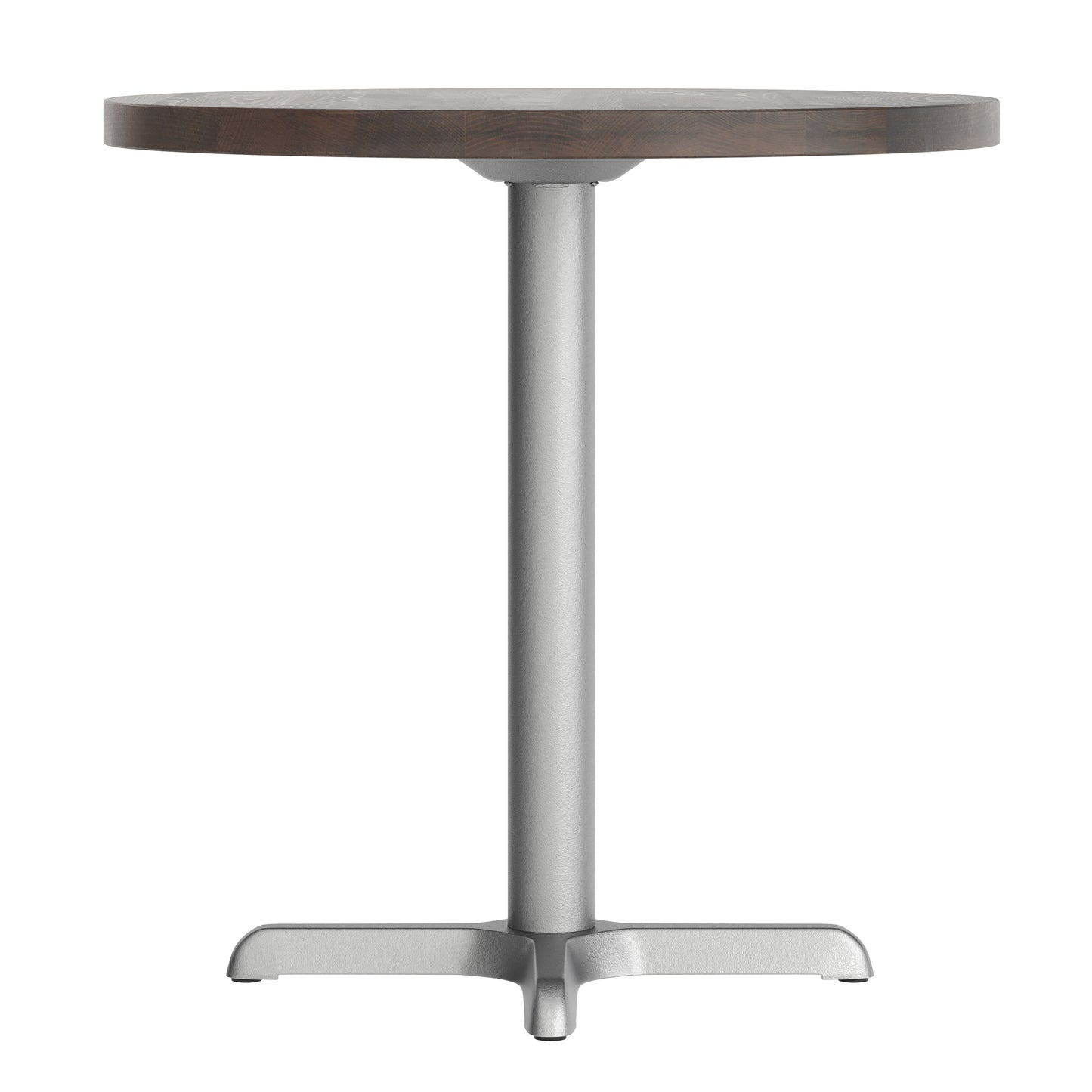Bennett 30" Round Solid Wood Commercial Indoor Tabletop in Dark Brown with 22" x 22" Table Height Rust-Resistant Silver Cast Iron X-Base Dark Brown Top/Silver Base