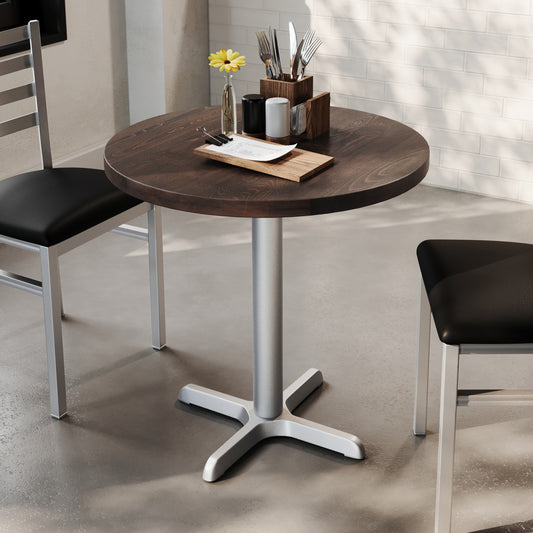 Bennett 30" Round Solid Wood Commercial Indoor Tabletop in Dark Brown with 22" x 22" Table Height Rust-Resistant Silver Cast Iron X-Base Dark Brown Top/Silver Base GSF-RD30-DKBRN-T2222S-GG
