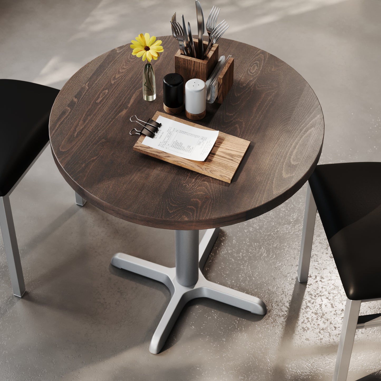 Bennett 30" Round Solid Wood Commercial Indoor Tabletop in Dark Brown with 22" x 22" Table Height Rust-Resistant Silver Cast Iron X-Base Dark Brown Top/Silver Base