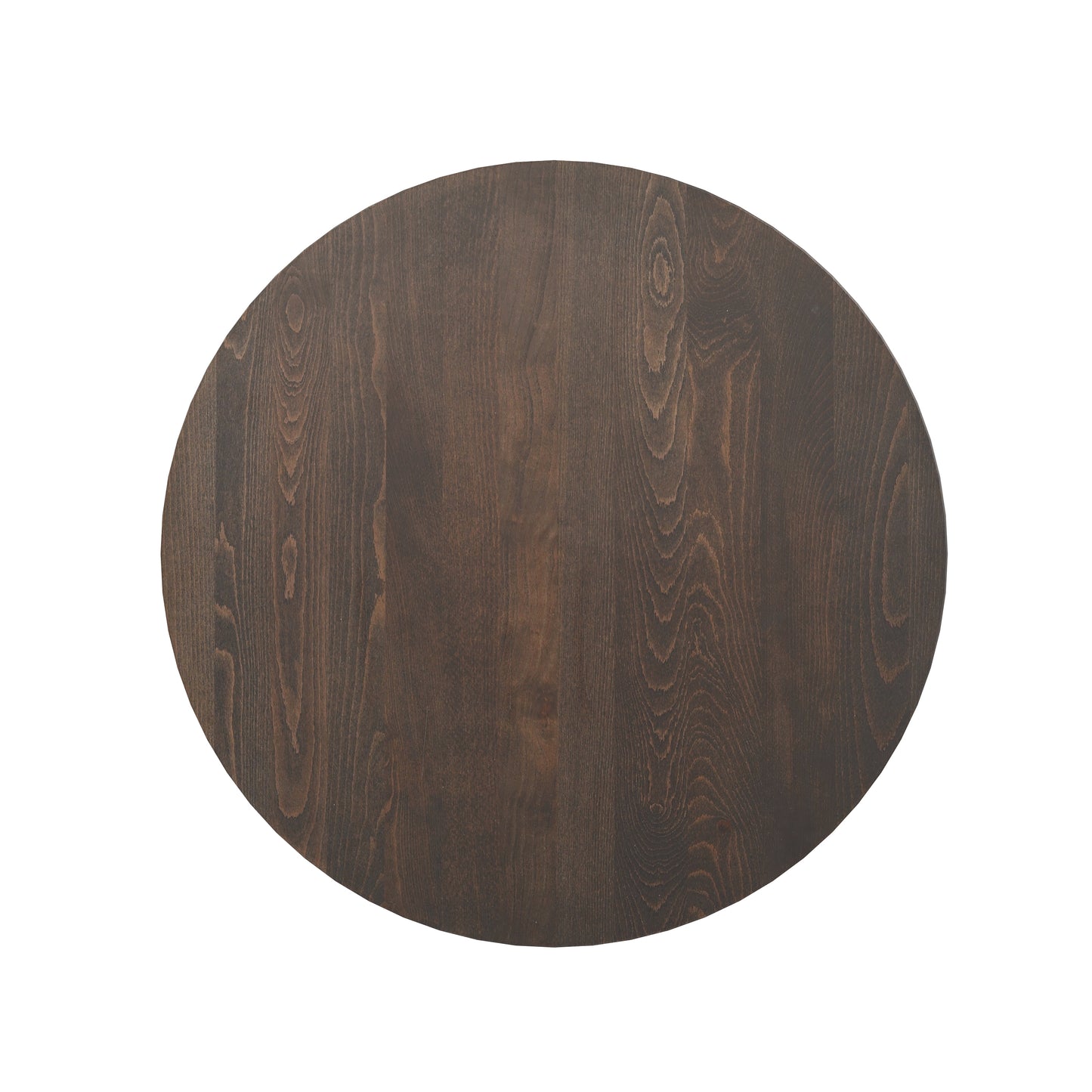 Bennett 30" Round Solid Wood Commercial Indoor Tabletop in Dark Brown with 22" x 22" Table Height Rust-Resistant Silver Cast Iron X-Base Dark Brown Top/Silver Base