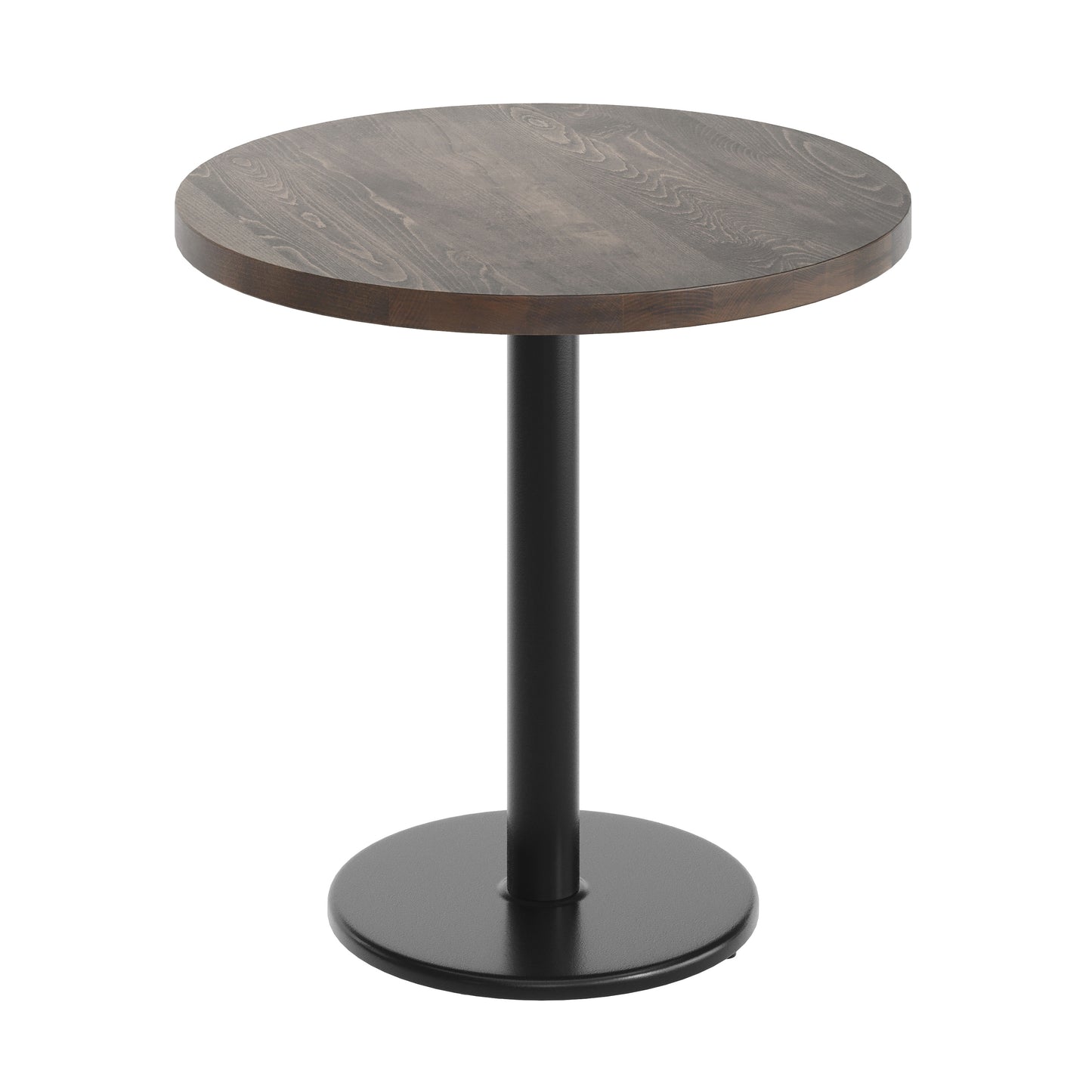 Bennett 30" Round Solid Wood Commercial Indoor Tabletop in Dark Brown with 18" Round Dining Height Rust-Resistant Black Cast Iron Base Dark Brown Top/Black Base