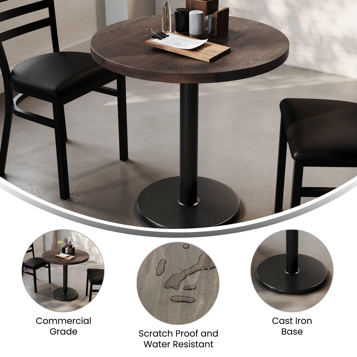 Bennett 30" Round Solid Wood Commercial Indoor Tabletop in Dark Brown with 18" Round Dining Height Rust-Resistant Black Cast Iron Base Dark Brown Top/Black Base