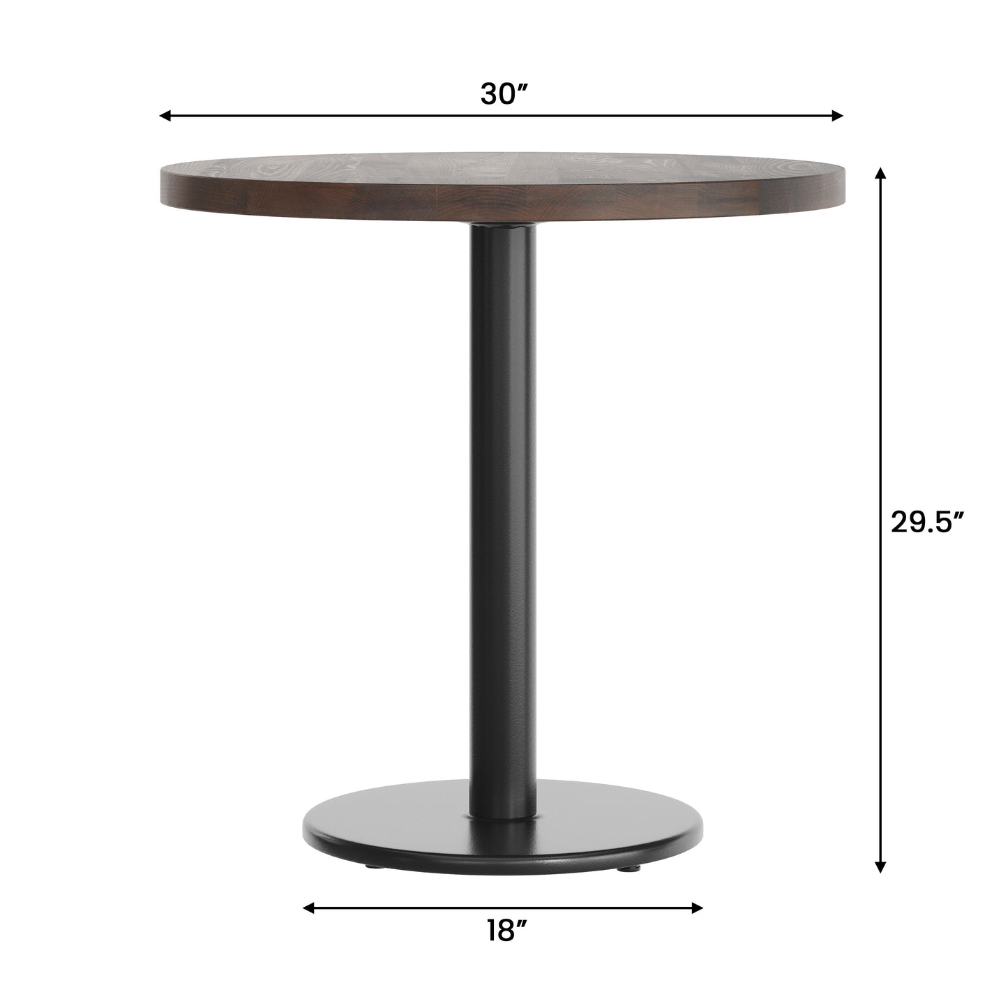 Bennett 30" Round Solid Wood Commercial Indoor Tabletop in Dark Brown with 18" Round Dining Height Rust-Resistant Black Cast Iron Base Dark Brown Top/Black Base