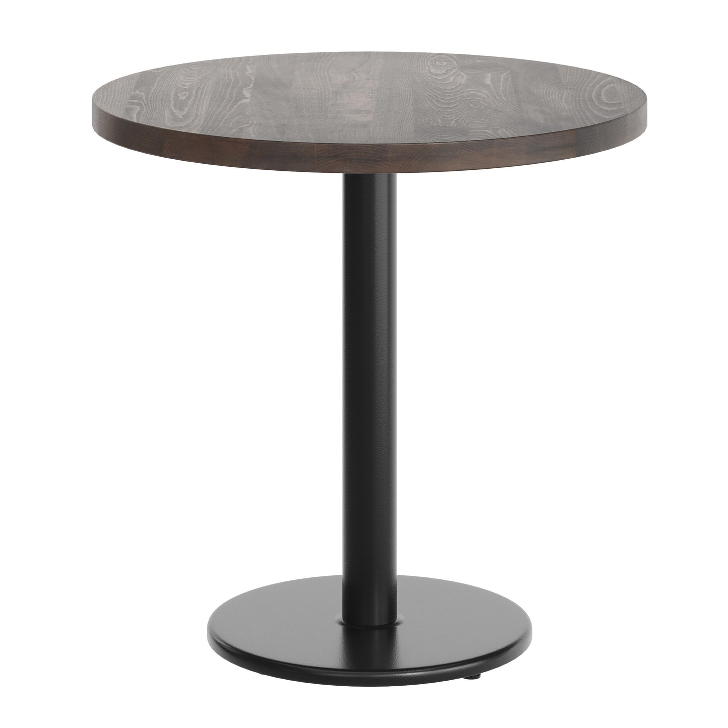 Bennett 30" Round Solid Wood Commercial Indoor Tabletop in Dark Brown with 18" Round Dining Height Rust-Resistant Black Cast Iron Base Dark Brown Top/Black Base