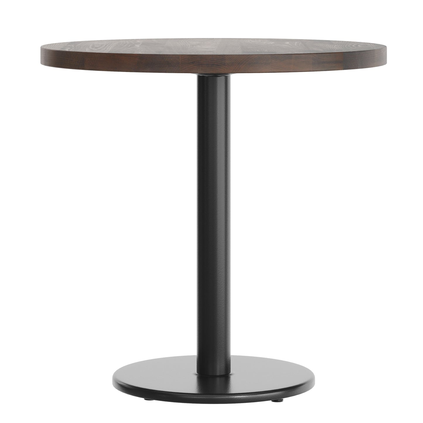 Bennett 30" Round Solid Wood Commercial Indoor Tabletop in Dark Brown with 18" Round Dining Height Rust-Resistant Black Cast Iron Base Dark Brown Top/Black Base