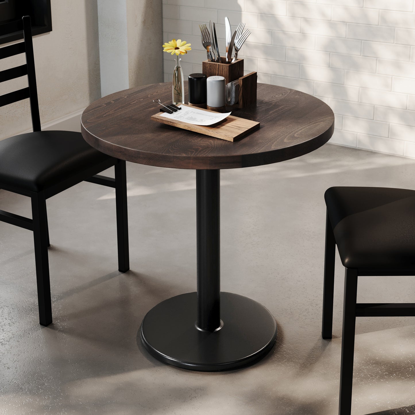 Bennett 30" Round Solid Wood Commercial Indoor Tabletop in Dark Brown with 18" Round Dining Height Rust-Resistant Black Cast Iron Base Dark Brown Top/Black Base
