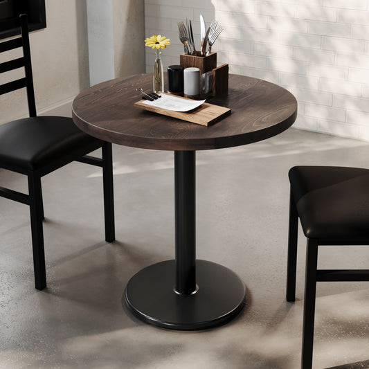 Bennett 30" Round Solid Wood Commercial Indoor Tabletop in Dark Brown with 18" Round Dining Height Rust-Resistant Black Cast Iron Base Dark Brown Top/Black Base GSF-RD30-DKBRN-TR18-GG