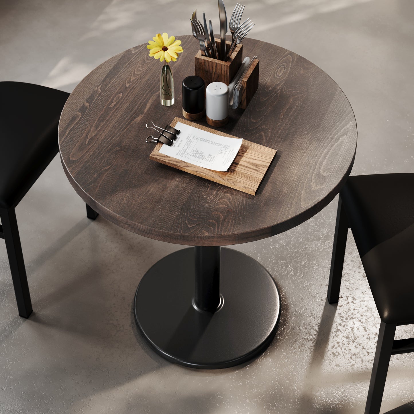 Bennett 30" Round Solid Wood Commercial Indoor Tabletop in Dark Brown with 18" Round Dining Height Rust-Resistant Black Cast Iron Base Dark Brown Top/Black Base
