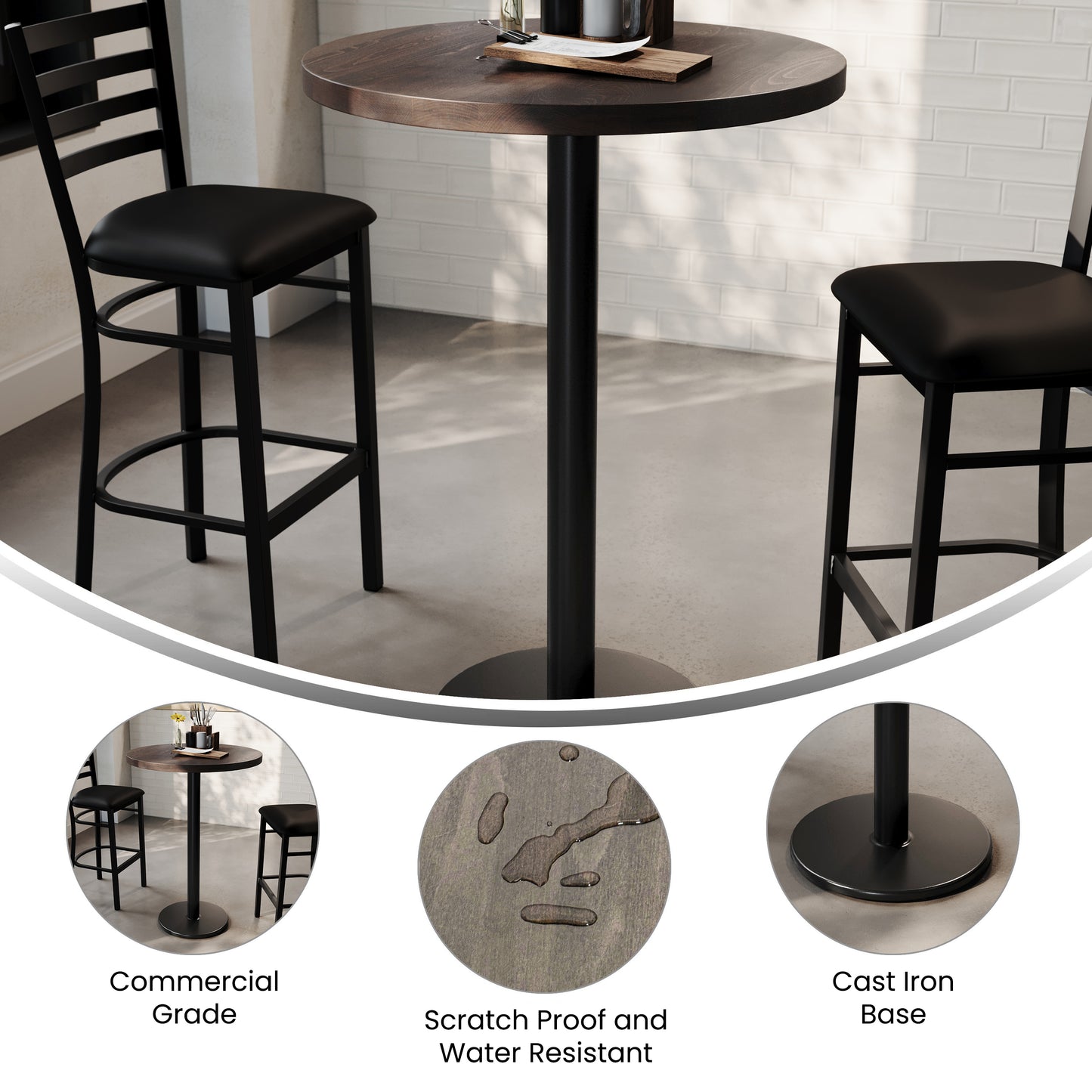 Bennett 30" Round Solid Wood Commercial Indoor Tabletop in Dark Brown with 18" Round Bar Height Rust-Resistant Black Cast Iron Base Dark Brown Top/Black Base