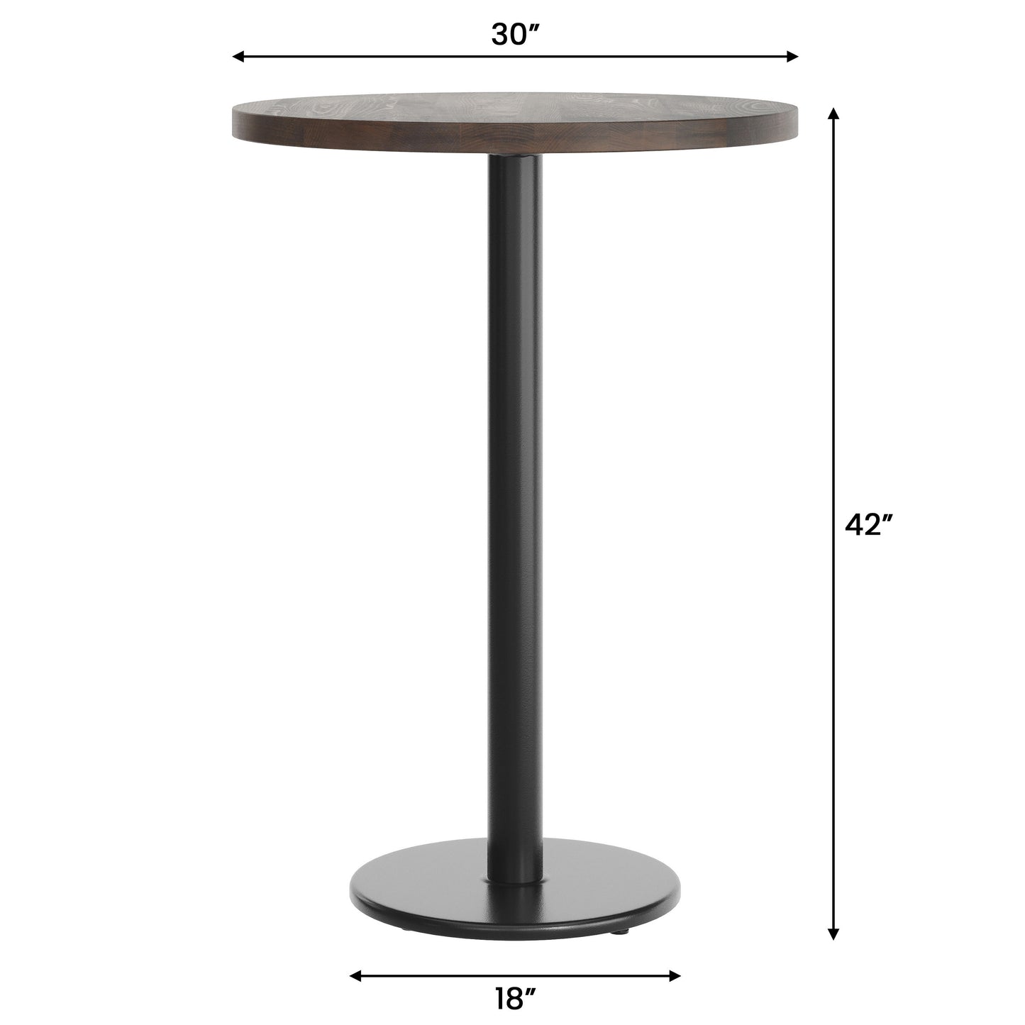 Bennett 30" Round Solid Wood Commercial Indoor Tabletop in Dark Brown with 18" Round Bar Height Rust-Resistant Black Cast Iron Base Dark Brown Top/Black Base