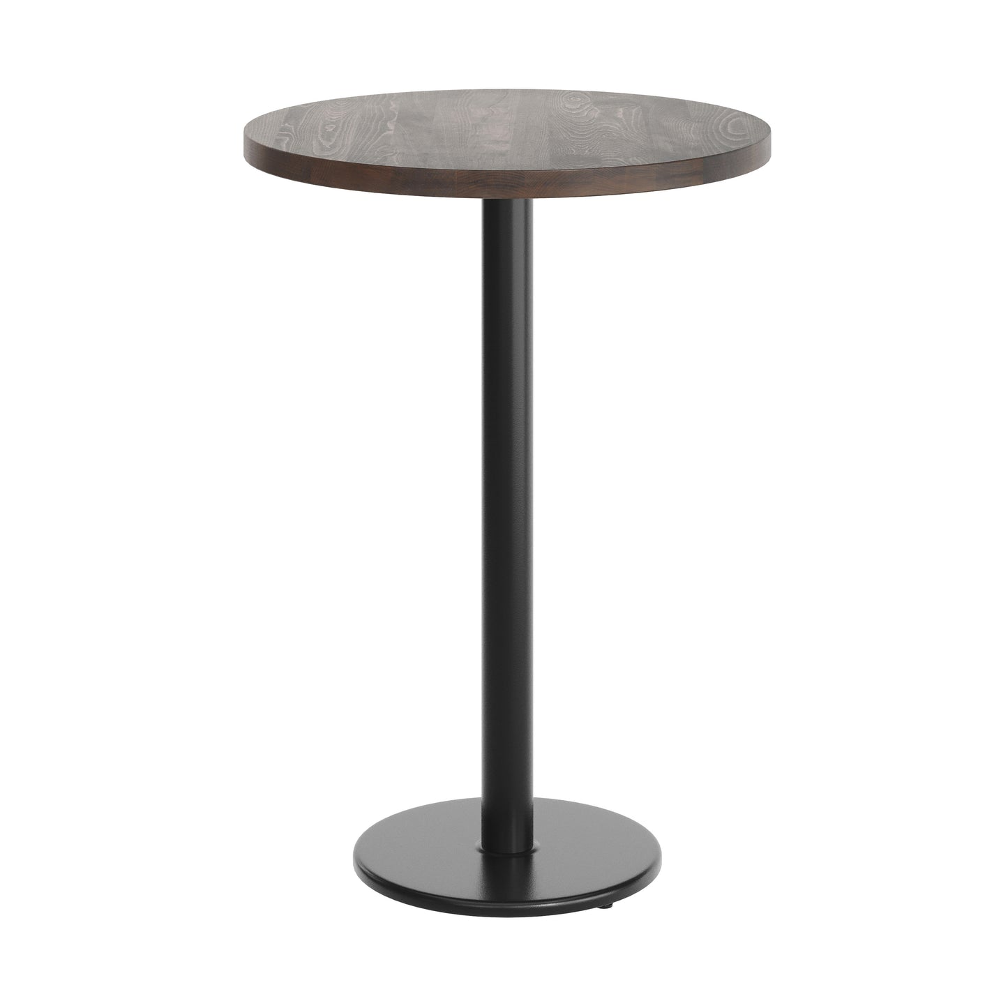 Bennett 30" Round Solid Wood Commercial Indoor Tabletop in Dark Brown with 18" Round Bar Height Rust-Resistant Black Cast Iron Base Dark Brown Top/Black Base