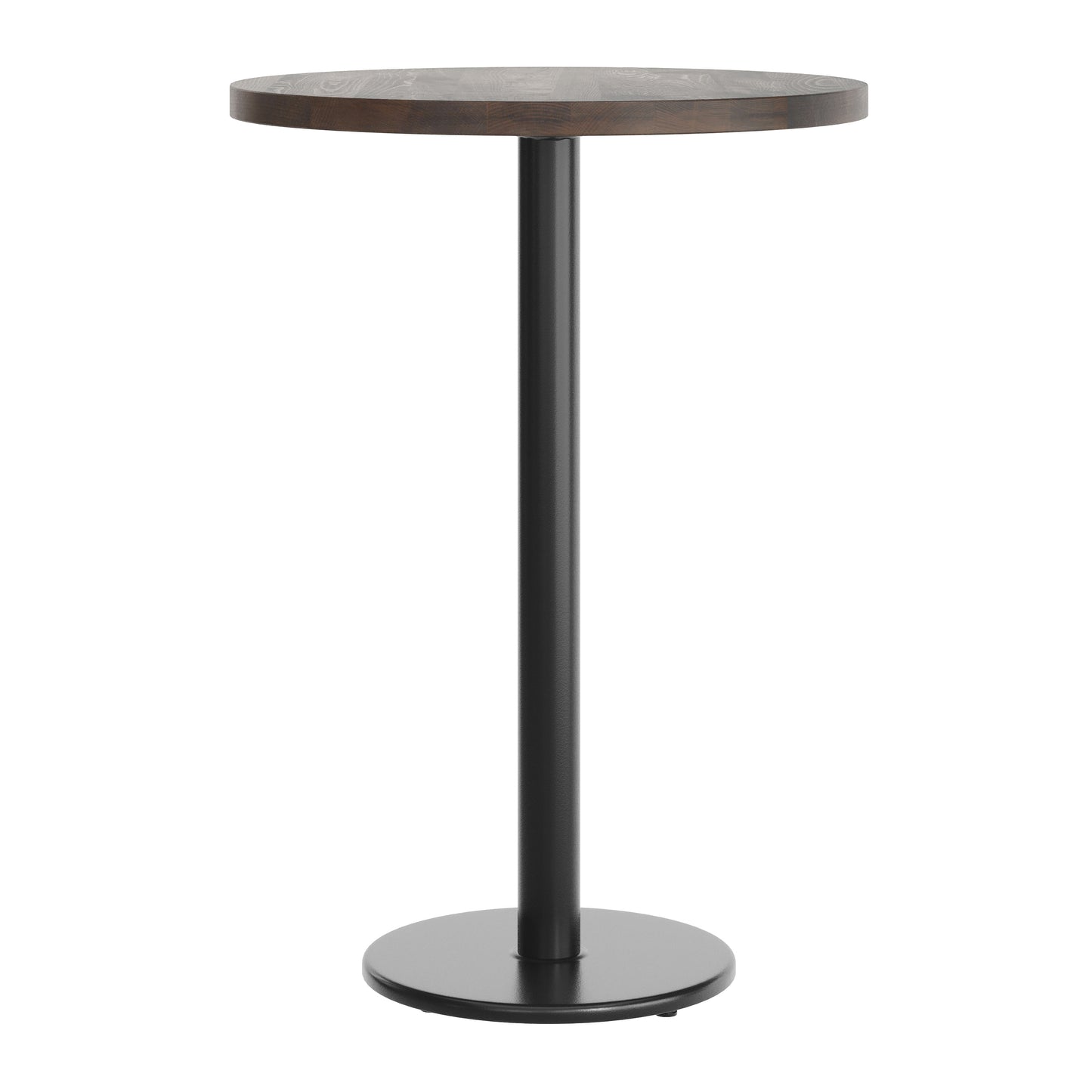 Bennett 30" Round Solid Wood Commercial Indoor Tabletop in Dark Brown with 18" Round Bar Height Rust-Resistant Black Cast Iron Base Dark Brown Top/Black Base