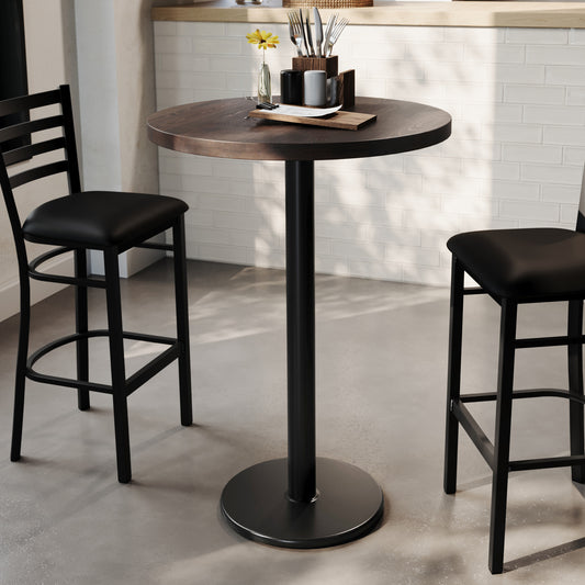 Bennett 30" Round Solid Wood Commercial Indoor Tabletop in Dark Brown with 18" Round Bar Height Rust-Resistant Black Cast Iron Base Dark Brown Top/Black Base GSF-RD30-DKBRN-TR18B-GG