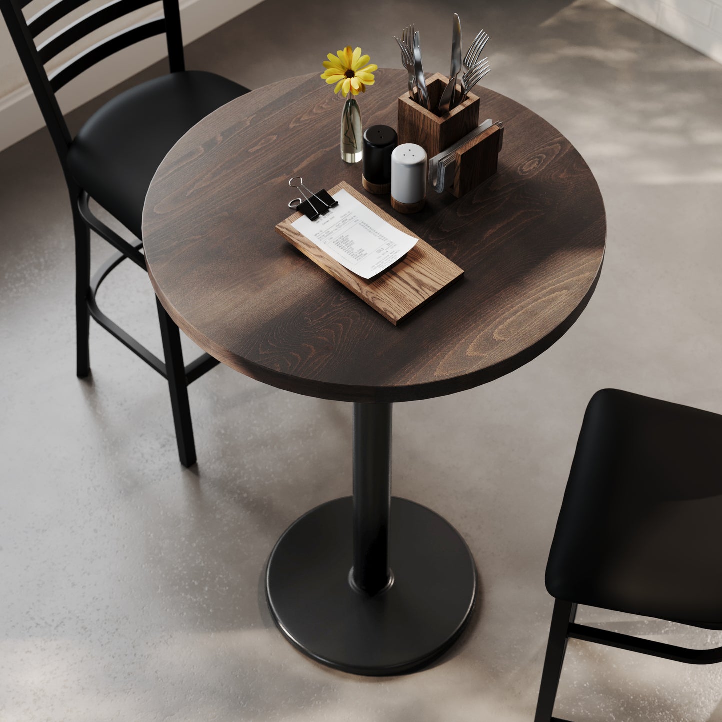 Bennett 30" Round Solid Wood Commercial Indoor Tabletop in Dark Brown with 18" Round Bar Height Rust-Resistant Black Cast Iron Base Dark Brown Top/Black Base