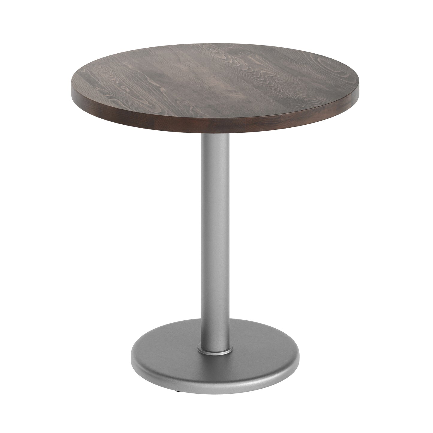 Bennett 30" Round Solid Wood Commercial Indoor Tabletop in Dark Brown with 18" Round Dining Height Rust-Resistant Silver Cast Iron Base Dark Brown Top/Silver Base