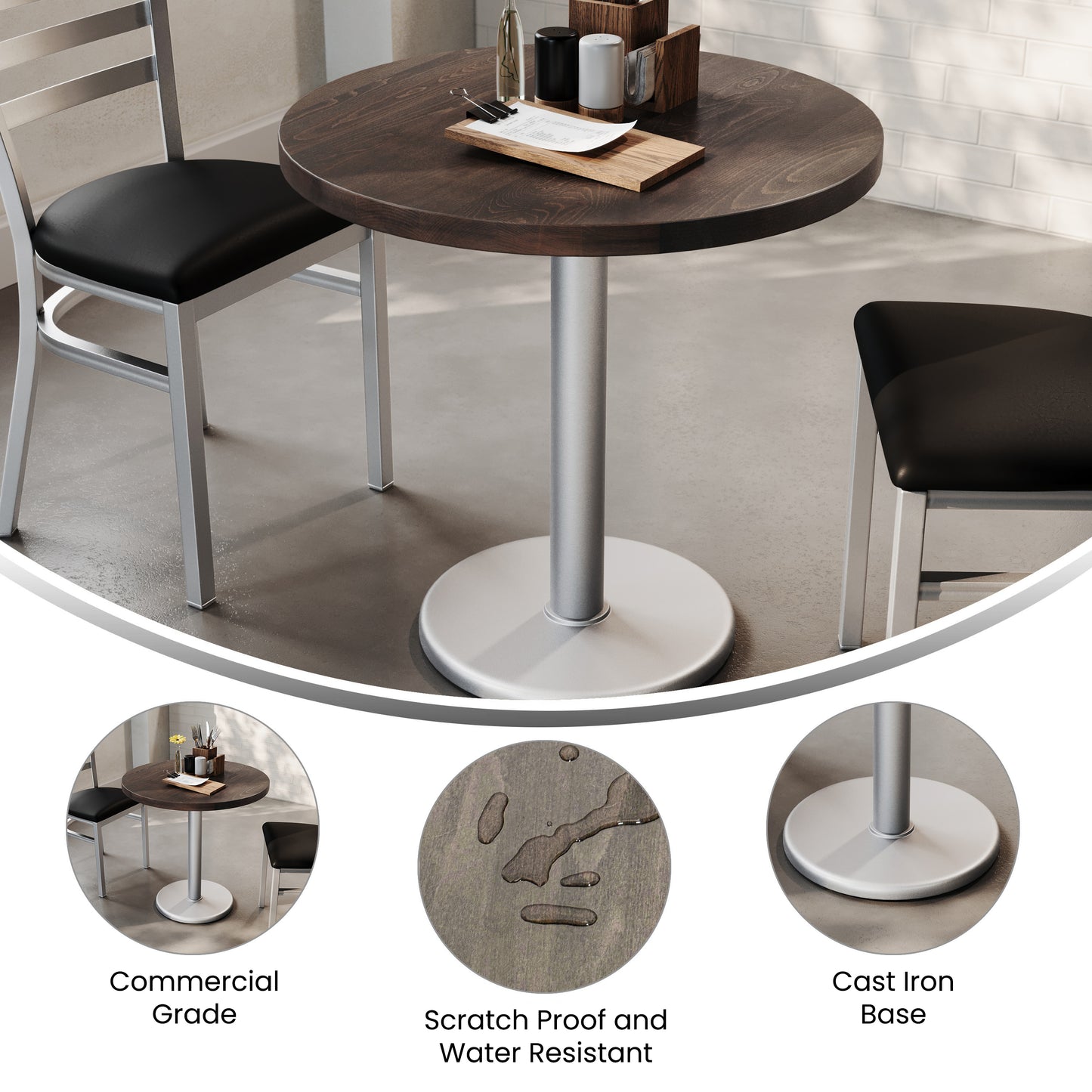 Bennett 30" Round Solid Wood Commercial Indoor Tabletop in Dark Brown with 18" Round Dining Height Rust-Resistant Silver Cast Iron Base Dark Brown Top/Silver Base