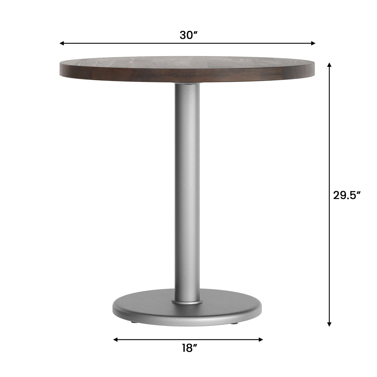 Bennett 30" Round Solid Wood Commercial Indoor Tabletop in Dark Brown with 18" Round Dining Height Rust-Resistant Silver Cast Iron Base Dark Brown Top/Silver Base