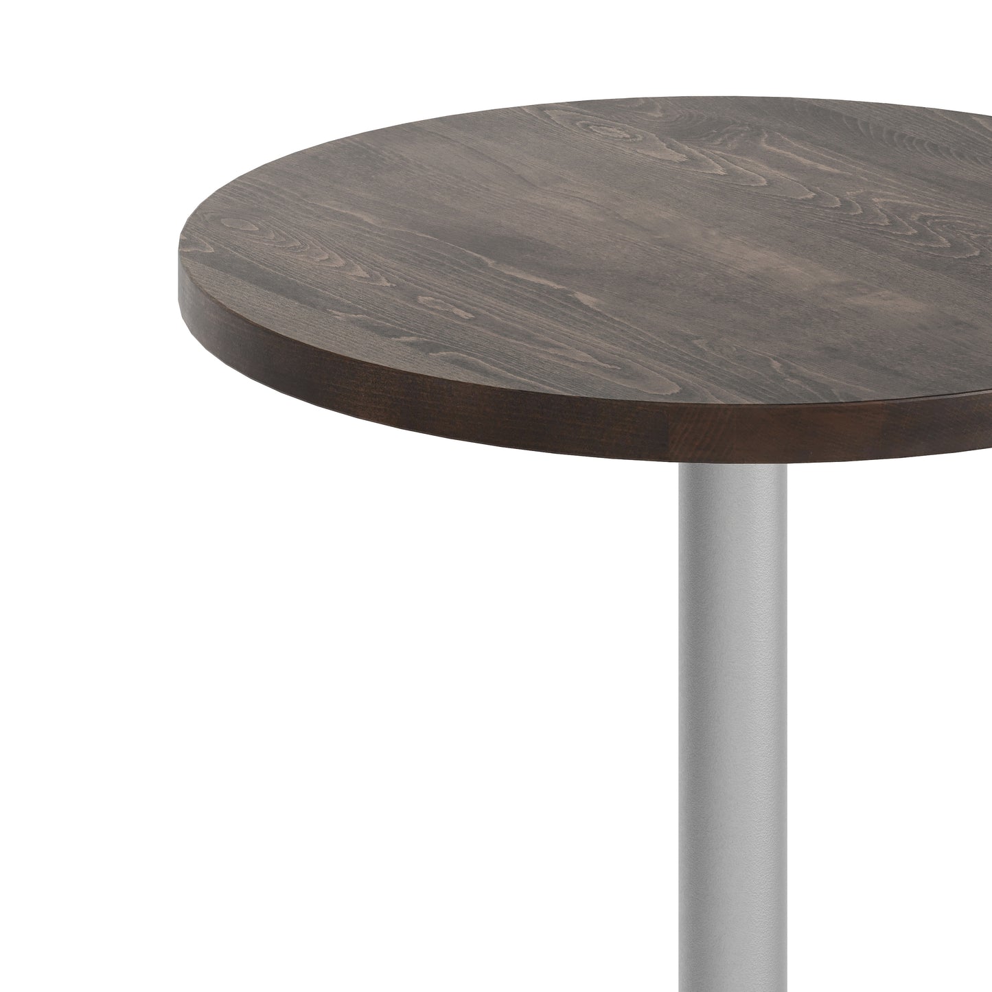 Bennett 30" Round Solid Wood Commercial Indoor Tabletop in Dark Brown with 18" Round Dining Height Rust-Resistant Silver Cast Iron Base Dark Brown Top/Silver Base