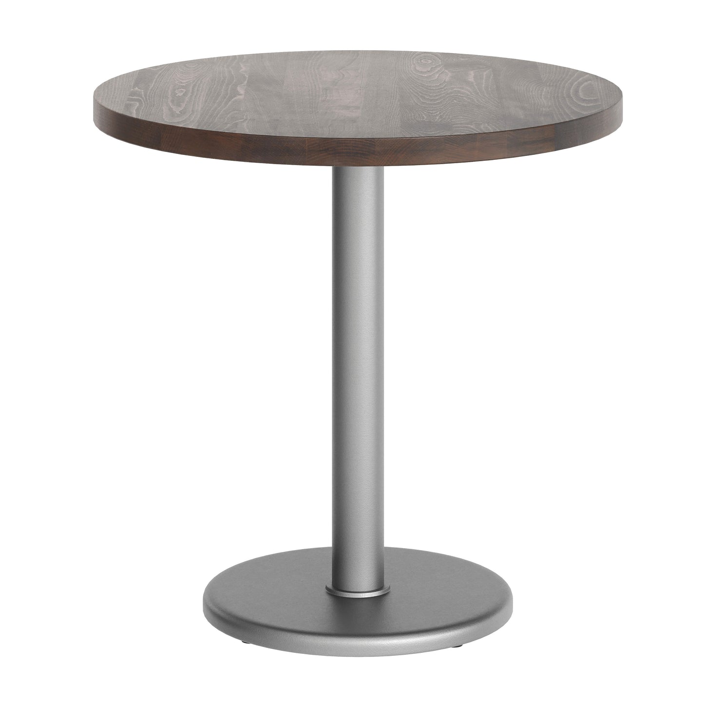 Bennett 30" Round Solid Wood Commercial Indoor Tabletop in Dark Brown with 18" Round Dining Height Rust-Resistant Silver Cast Iron Base Dark Brown Top/Silver Base