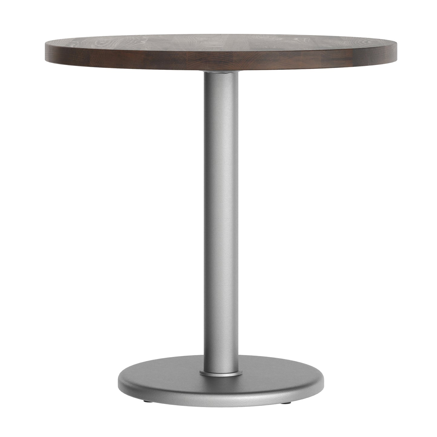 Bennett 30" Round Solid Wood Commercial Indoor Tabletop in Dark Brown with 18" Round Dining Height Rust-Resistant Silver Cast Iron Base Dark Brown Top/Silver Base