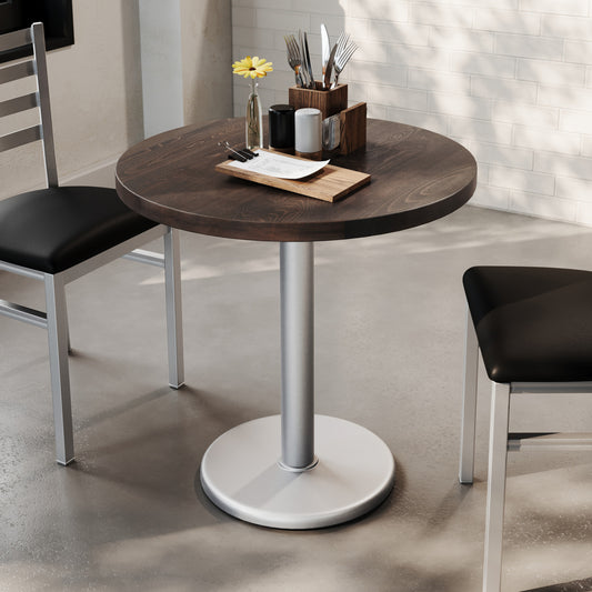 Bennett 30" Round Solid Wood Commercial Indoor Tabletop in Dark Brown with 18" Round Dining Height Rust-Resistant Silver Cast Iron Base Dark Brown Top/Silver Base