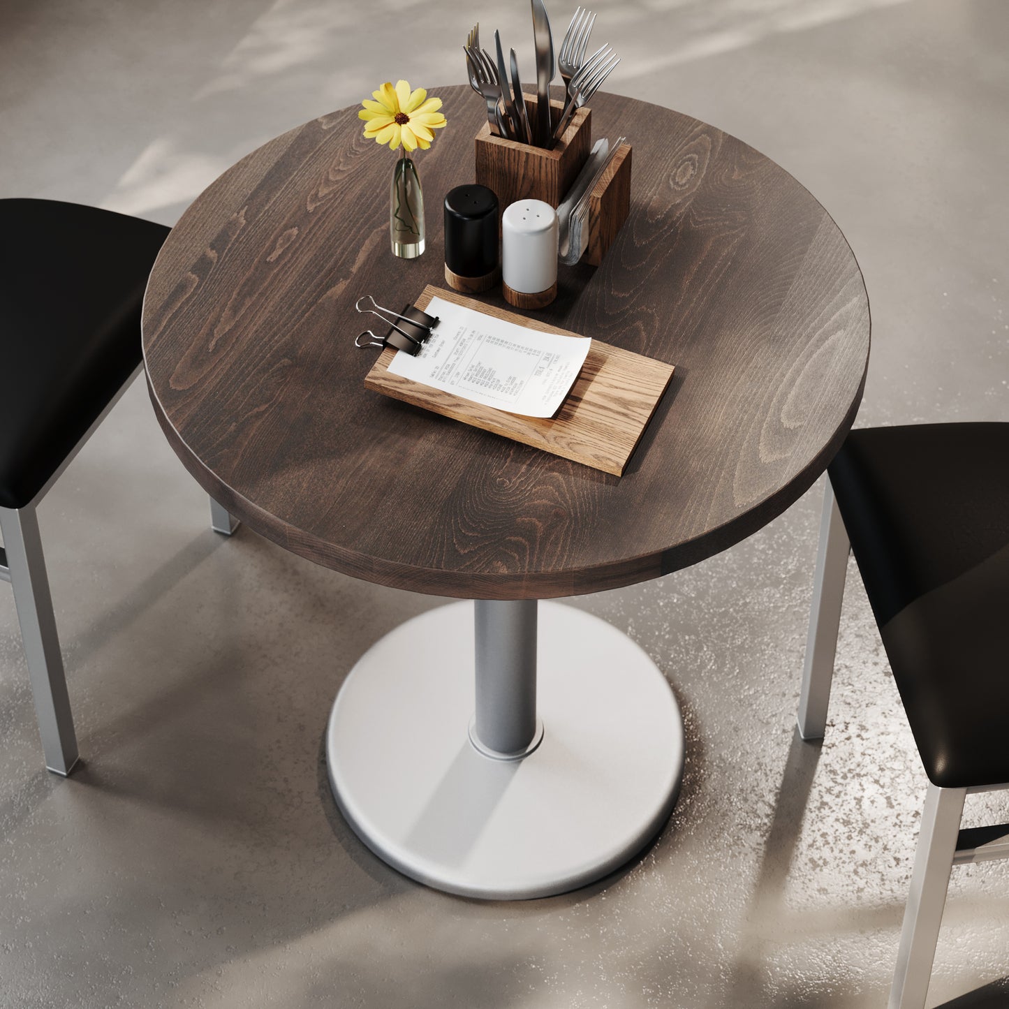 Bennett 30" Round Solid Wood Commercial Indoor Tabletop in Dark Brown with 18" Round Dining Height Rust-Resistant Silver Cast Iron Base Dark Brown Top/Silver Base