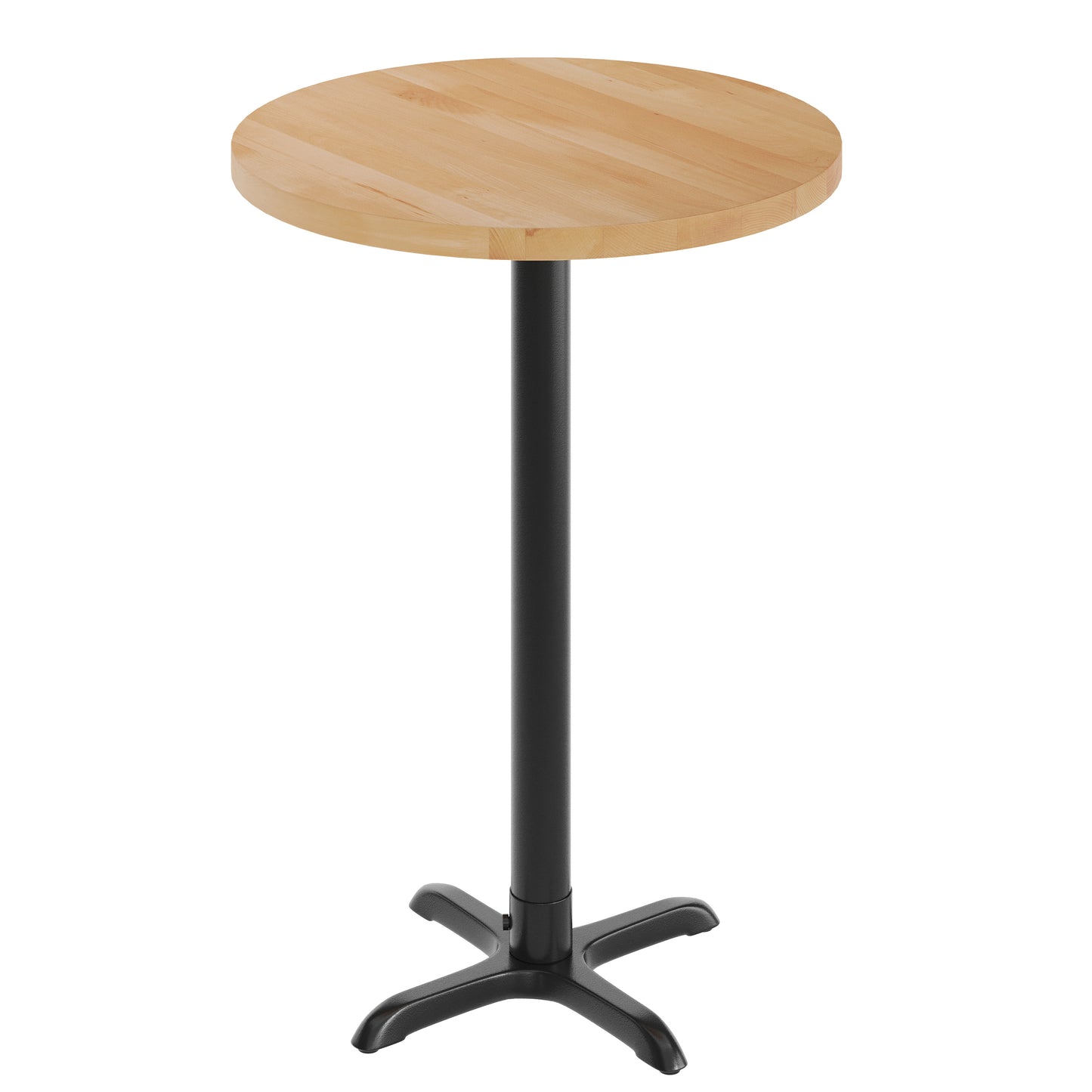 Bennett 30" Round Solid Wood Commercial Indoor Tabletop in Natural with 22" x 22" Bar Height Rust-Resistant Black Cast Iron X-Base Natural Top/Black Base