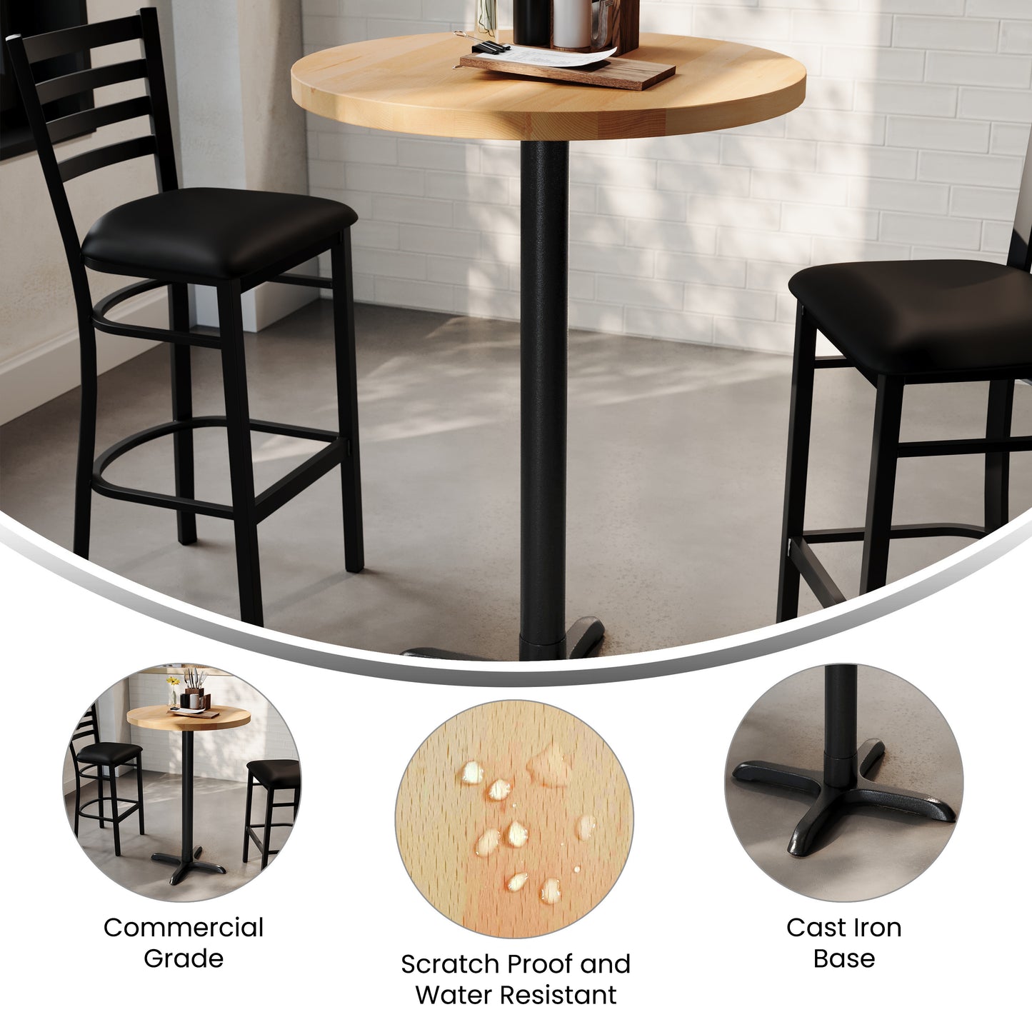 Bennett 30" Round Solid Wood Commercial Indoor Tabletop in Natural with 22" x 22" Bar Height Rust-Resistant Black Cast Iron X-Base Natural Top/Black Base