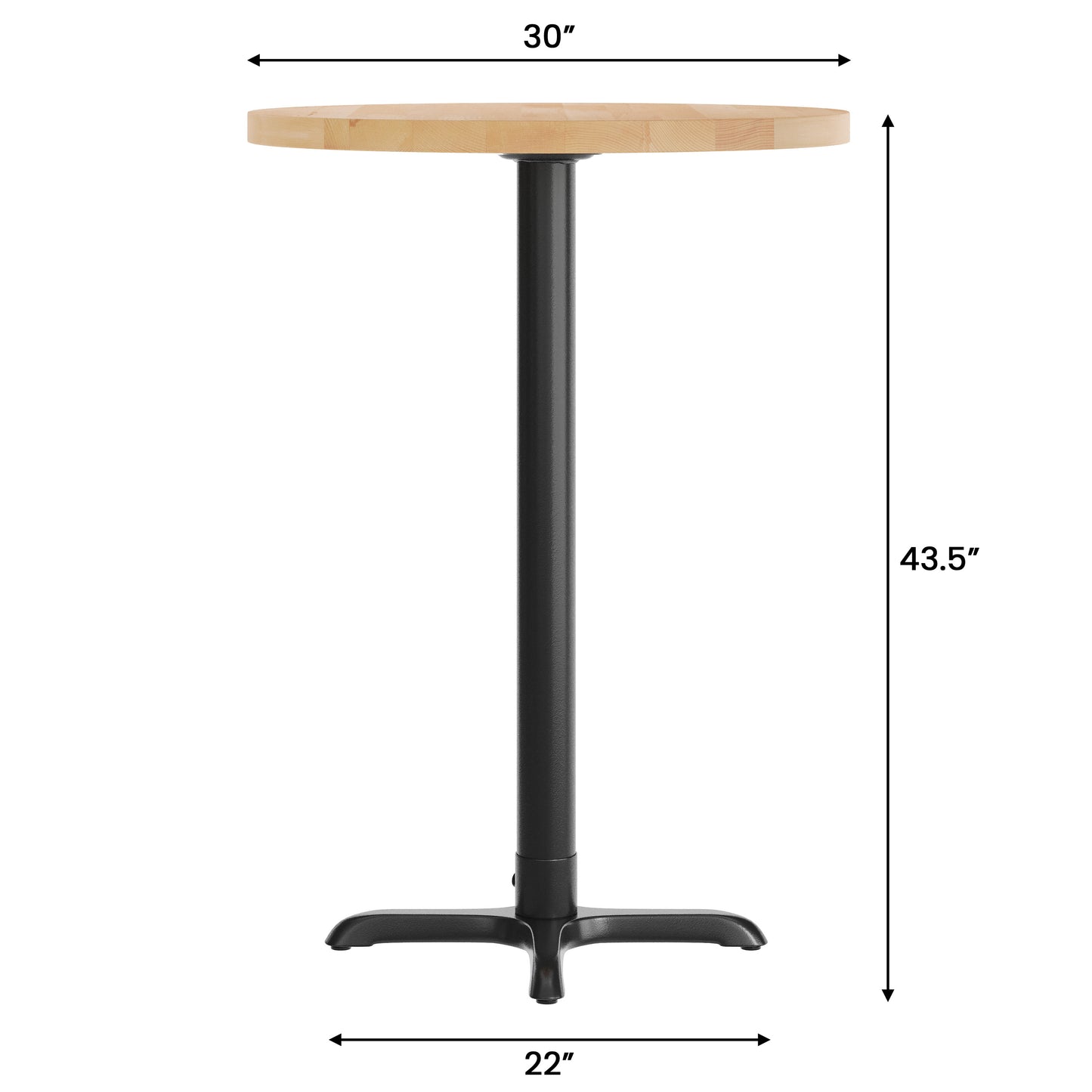 Bennett 30" Round Solid Wood Commercial Indoor Tabletop in Natural with 22" x 22" Bar Height Rust-Resistant Black Cast Iron X-Base Natural Top/Black Base