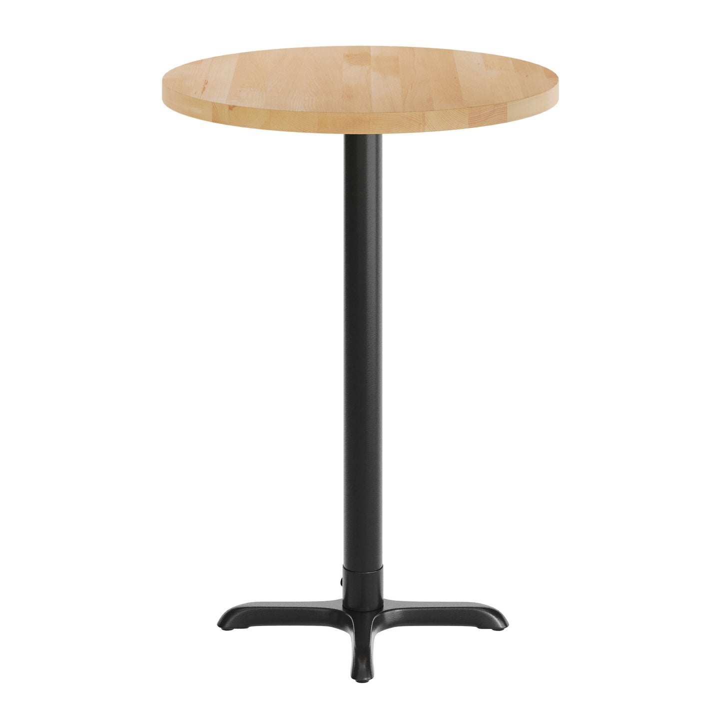 Bennett 30" Round Solid Wood Commercial Indoor Tabletop in Natural with 22" x 22" Bar Height Rust-Resistant Black Cast Iron X-Base Natural Top/Black Base