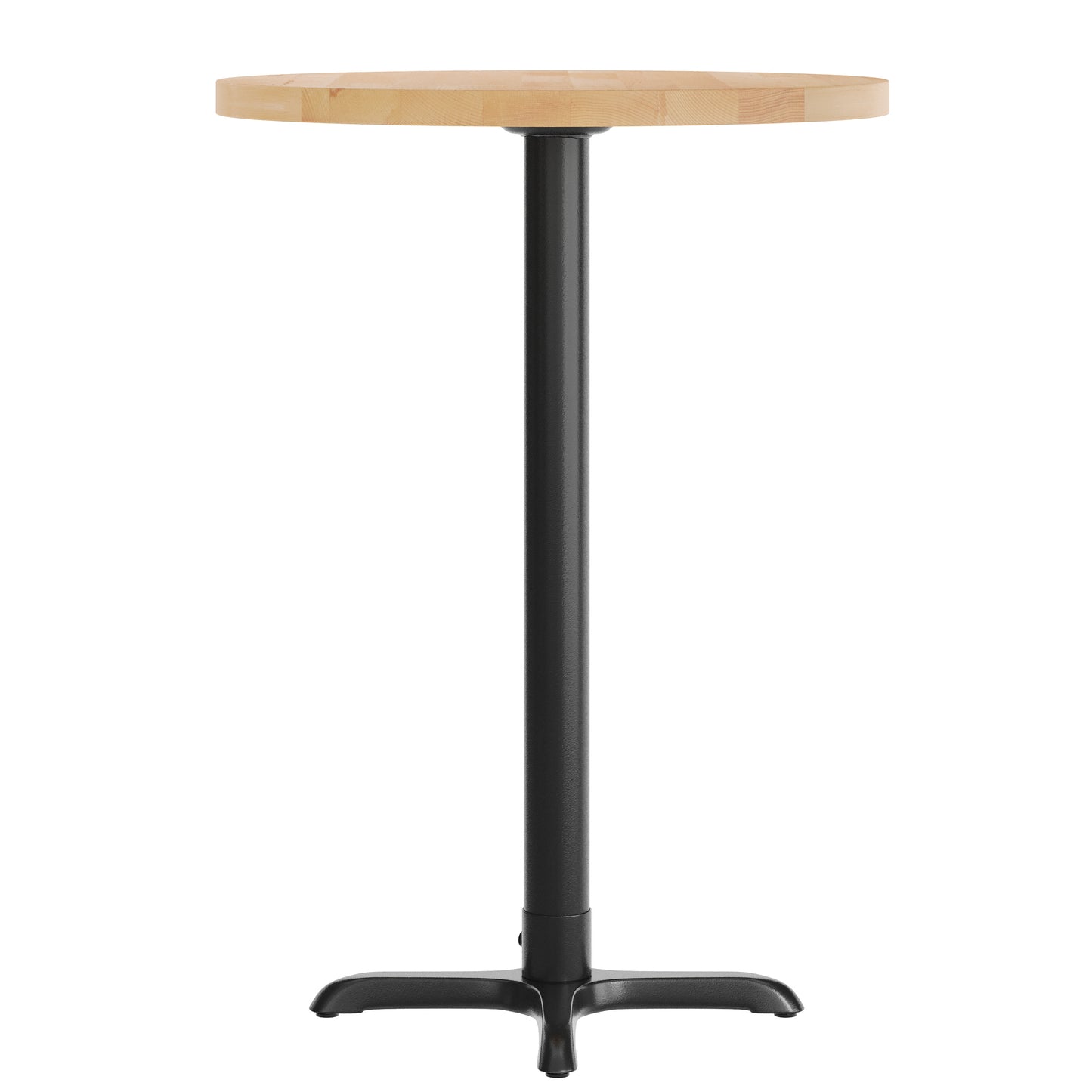 Bennett 30" Round Solid Wood Commercial Indoor Tabletop in Natural with 22" x 22" Bar Height Rust-Resistant Black Cast Iron X-Base Natural Top/Black Base