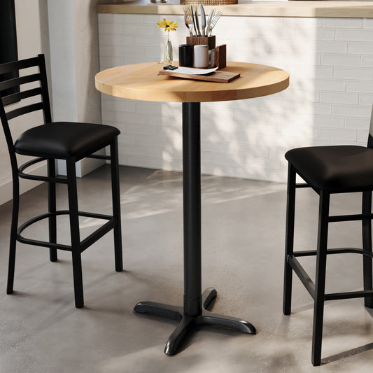 Bennett 30" Round Solid Wood Commercial Indoor Tabletop in Natural with 22" x 22" Bar Height Rust-Resistant Black Cast Iron X-Base Natural Top/Black Base GSF-RD30-NAT-T2222B-GG