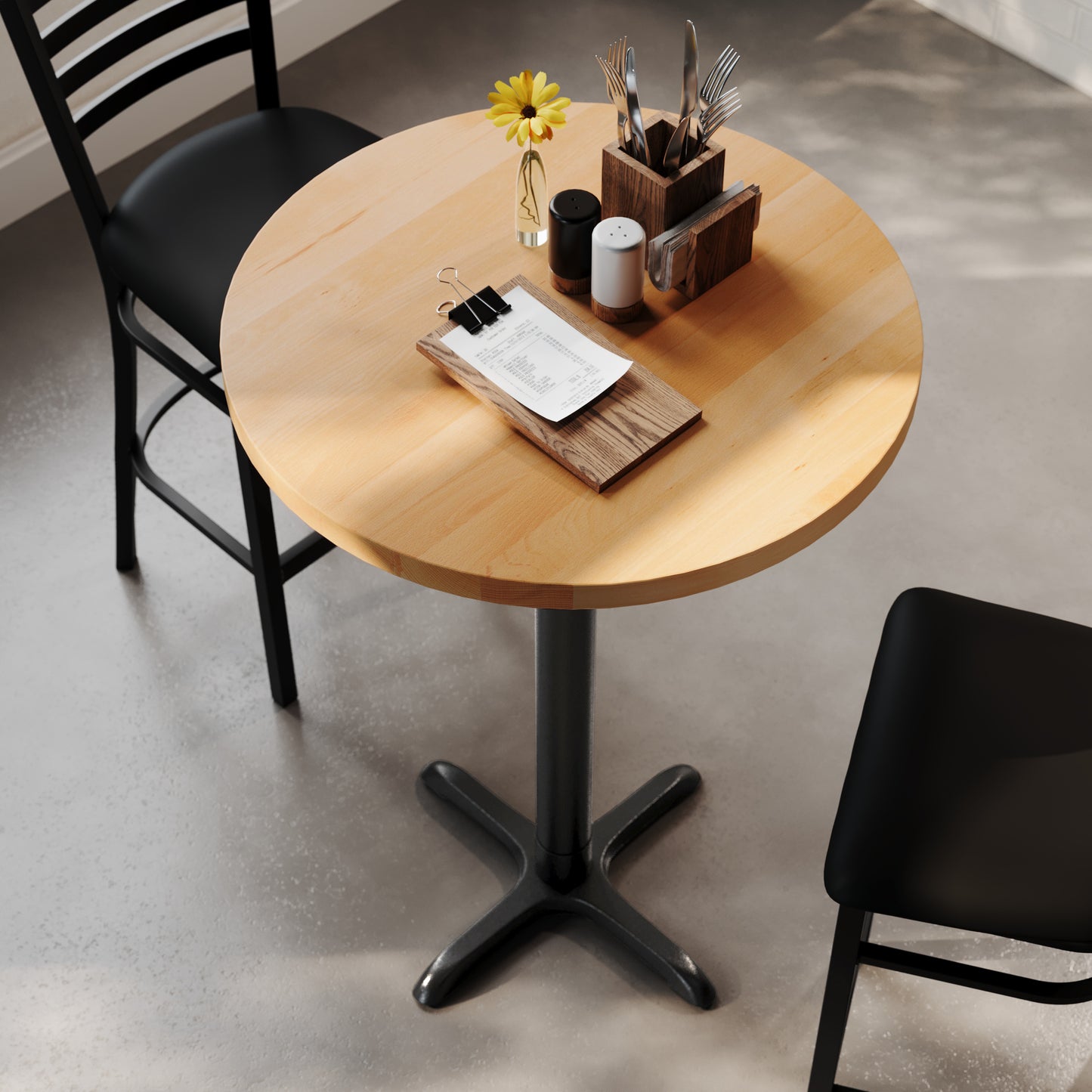 Bennett 30" Round Solid Wood Commercial Indoor Tabletop in Natural with 22" x 22" Bar Height Rust-Resistant Black Cast Iron X-Base Natural Top/Black Base