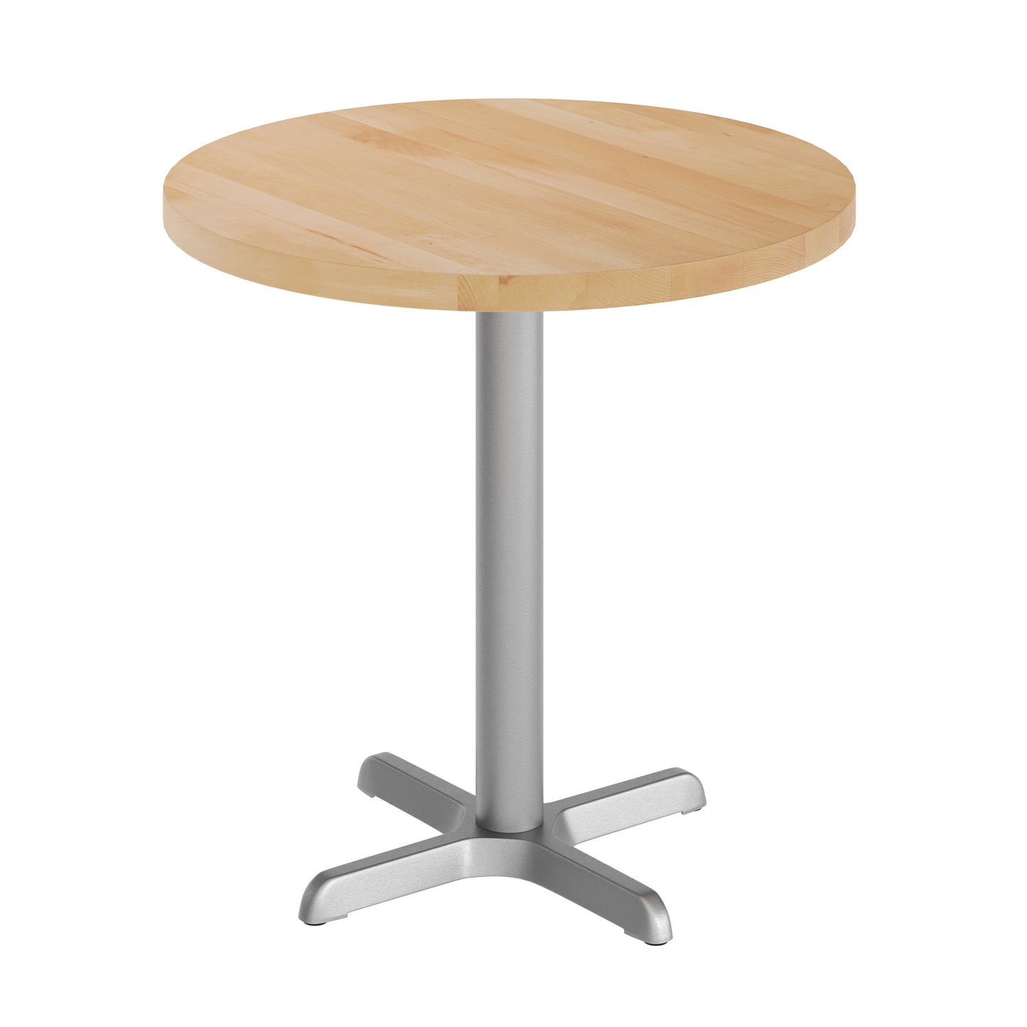 Bennett 30" Round Solid Wood Commercial Indoor Tabletop in Natural with 22" x 22" Table Height Rust-Resistant Silver Cast Iron X-Base Natural Top/Silver Base