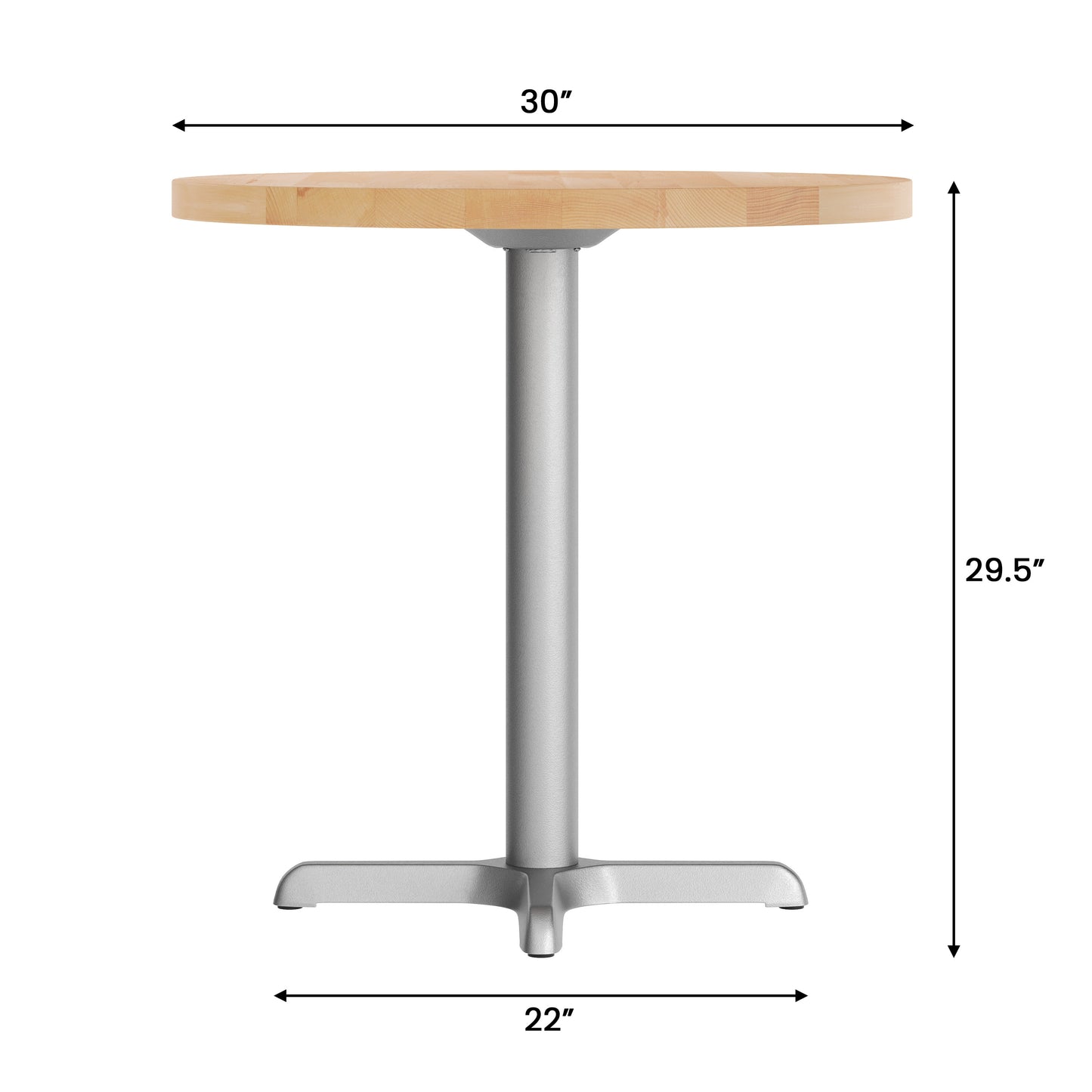 Bennett 30" Round Solid Wood Commercial Indoor Tabletop in Natural with 22" x 22" Table Height Rust-Resistant Silver Cast Iron X-Base Natural Top/Silver Base