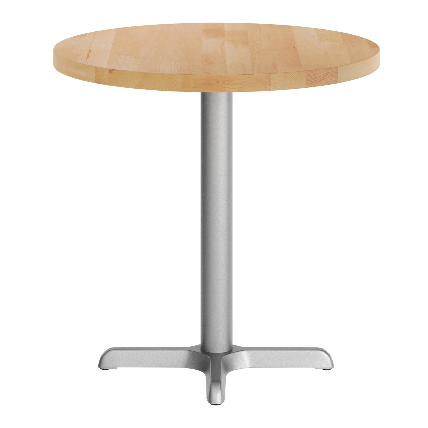 Bennett 30" Round Solid Wood Commercial Indoor Tabletop in Natural with 22" x 22" Table Height Rust-Resistant Silver Cast Iron X-Base Natural Top/Silver Base