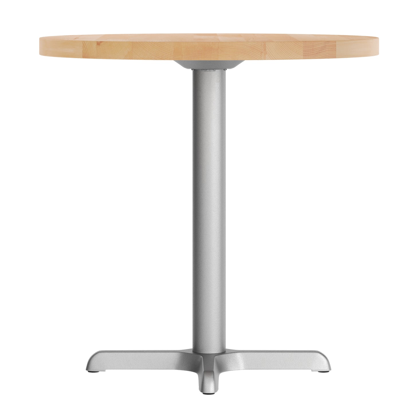 Bennett 30" Round Solid Wood Commercial Indoor Tabletop in Natural with 22" x 22" Table Height Rust-Resistant Silver Cast Iron X-Base Natural Top/Silver Base