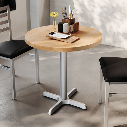 Bennett 30" Round Solid Wood Commercial Indoor Tabletop in Natural with 22" x 22" Table Height Rust-Resistant Silver Cast Iron X-Base Natural Top/Silver Base GSF-RD30-NAT-T2222S-GG