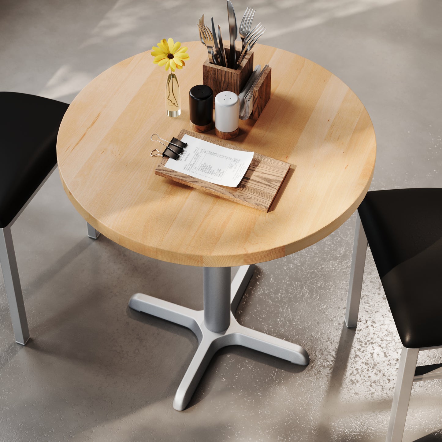 Bennett 30" Round Solid Wood Commercial Indoor Tabletop in Natural with 22" x 22" Table Height Rust-Resistant Silver Cast Iron X-Base Natural Top/Silver Base