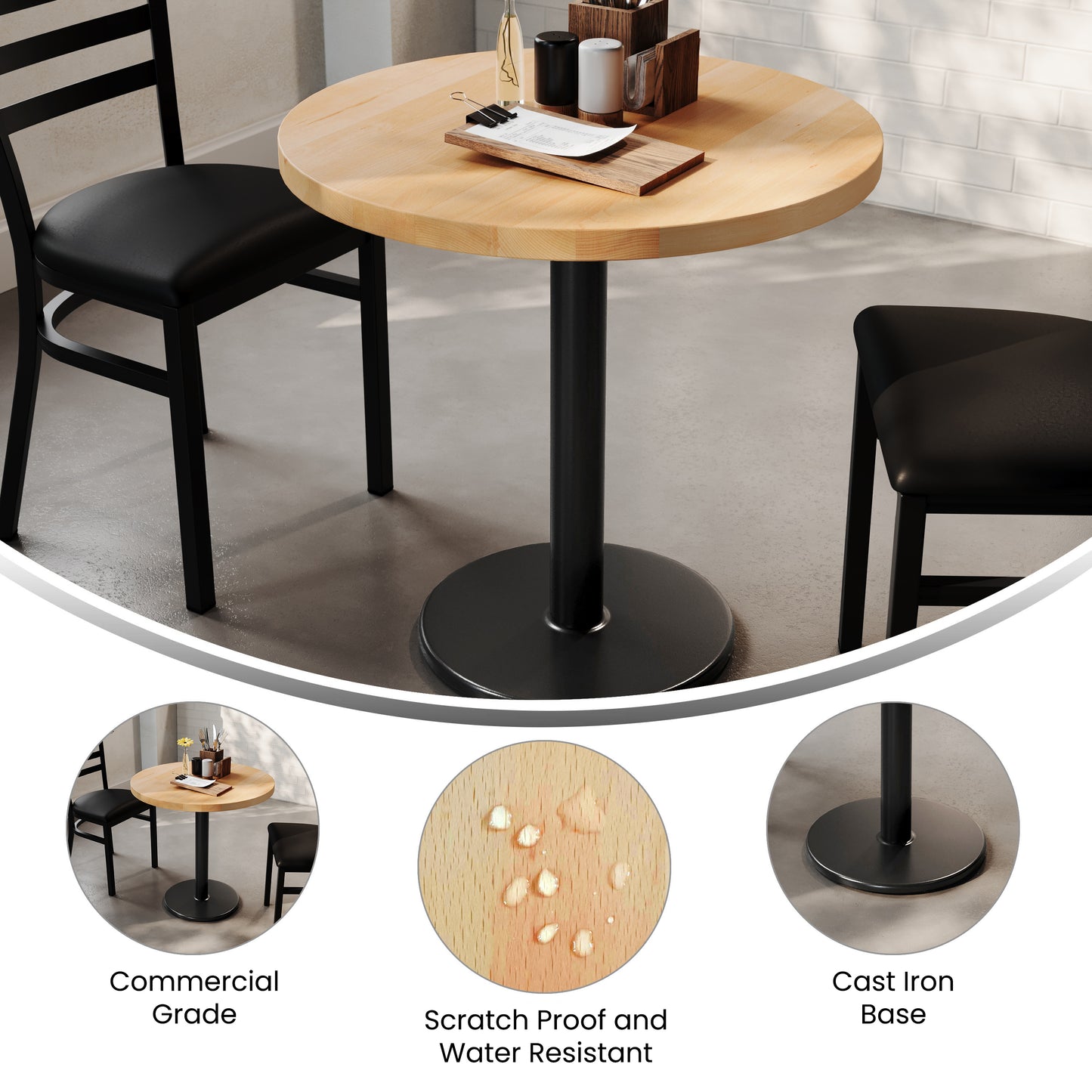 Bennett 30" Round Solid Wood Commercial Indoor Tabletop in Natural with 18" Round Dining Height Rust-Resistant Black Cast Iron Base Natural Top/Black Base
