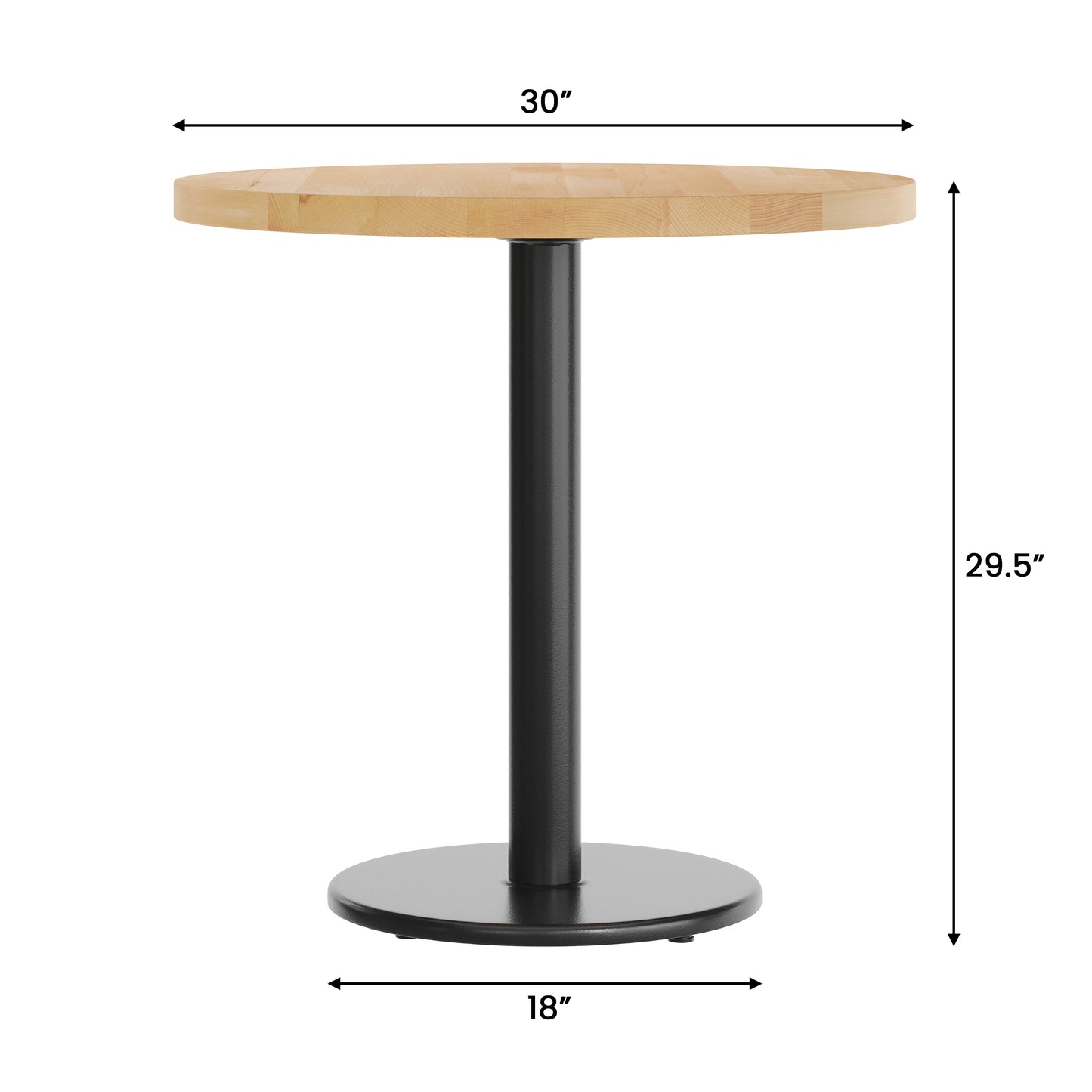 Bennett 30" Round Solid Wood Commercial Indoor Tabletop in Natural with 18" Round Dining Height Rust-Resistant Black Cast Iron Base Natural Top/Black Base