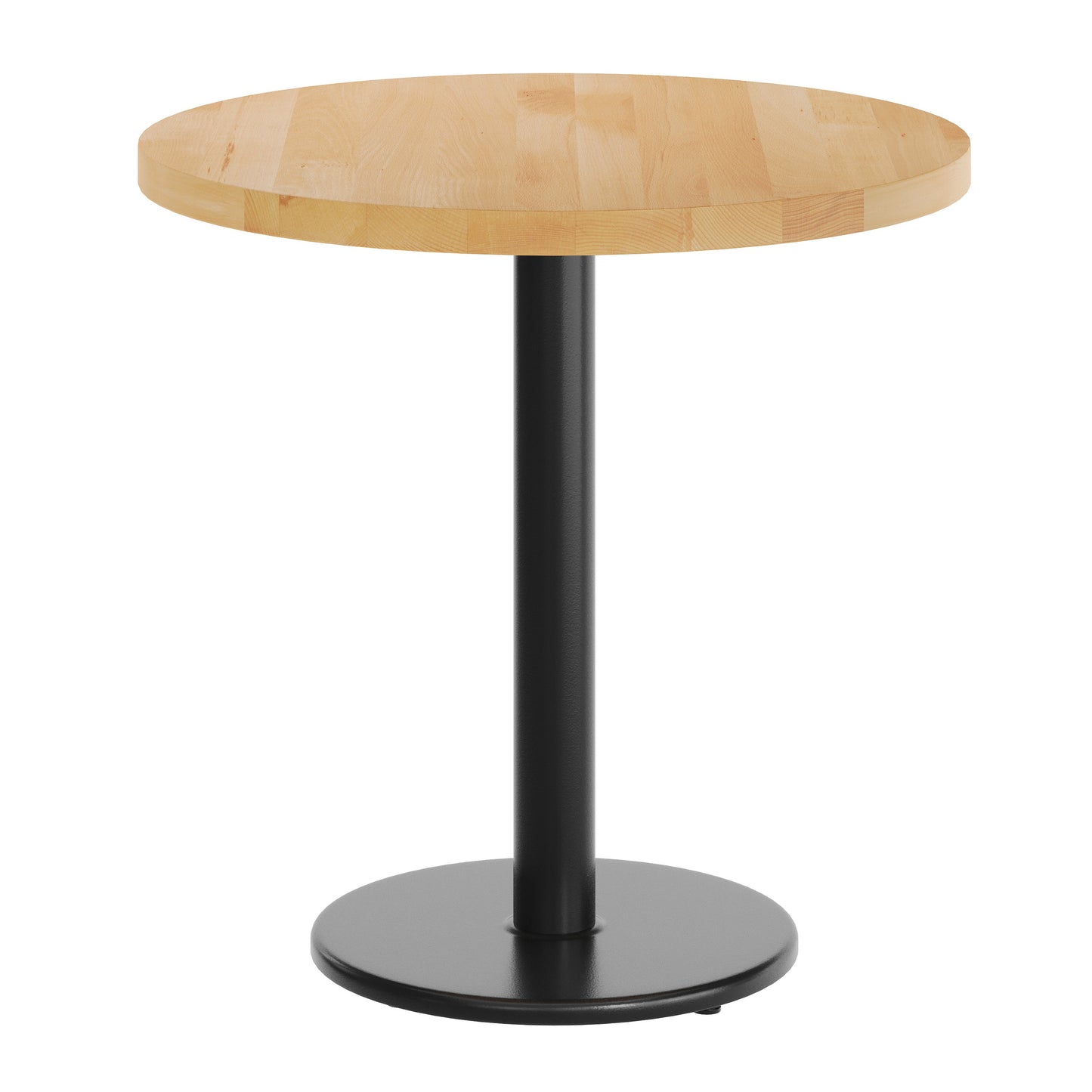 Bennett 30" Round Solid Wood Commercial Indoor Tabletop in Natural with 18" Round Dining Height Rust-Resistant Black Cast Iron Base Natural Top/Black Base